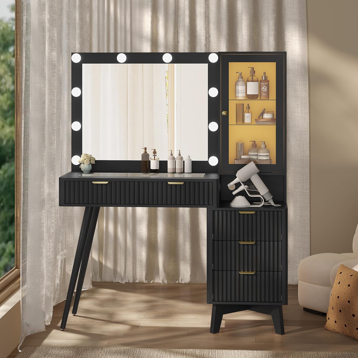 45" Fluted Vanity Desk with Mirror and Lights