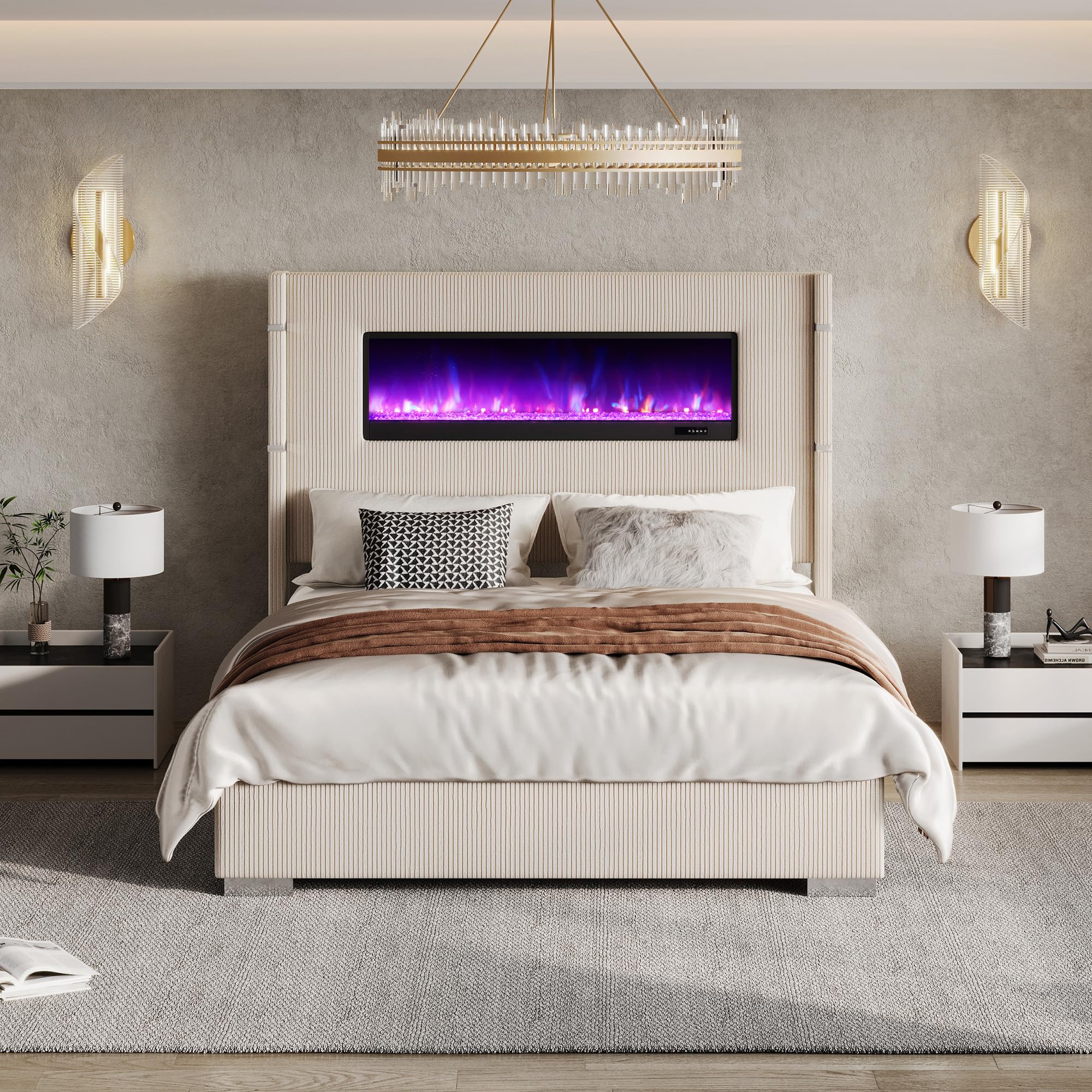 Queen Upholstered Platform Bed Frame with Fireplace and Tall Wingback Headboard