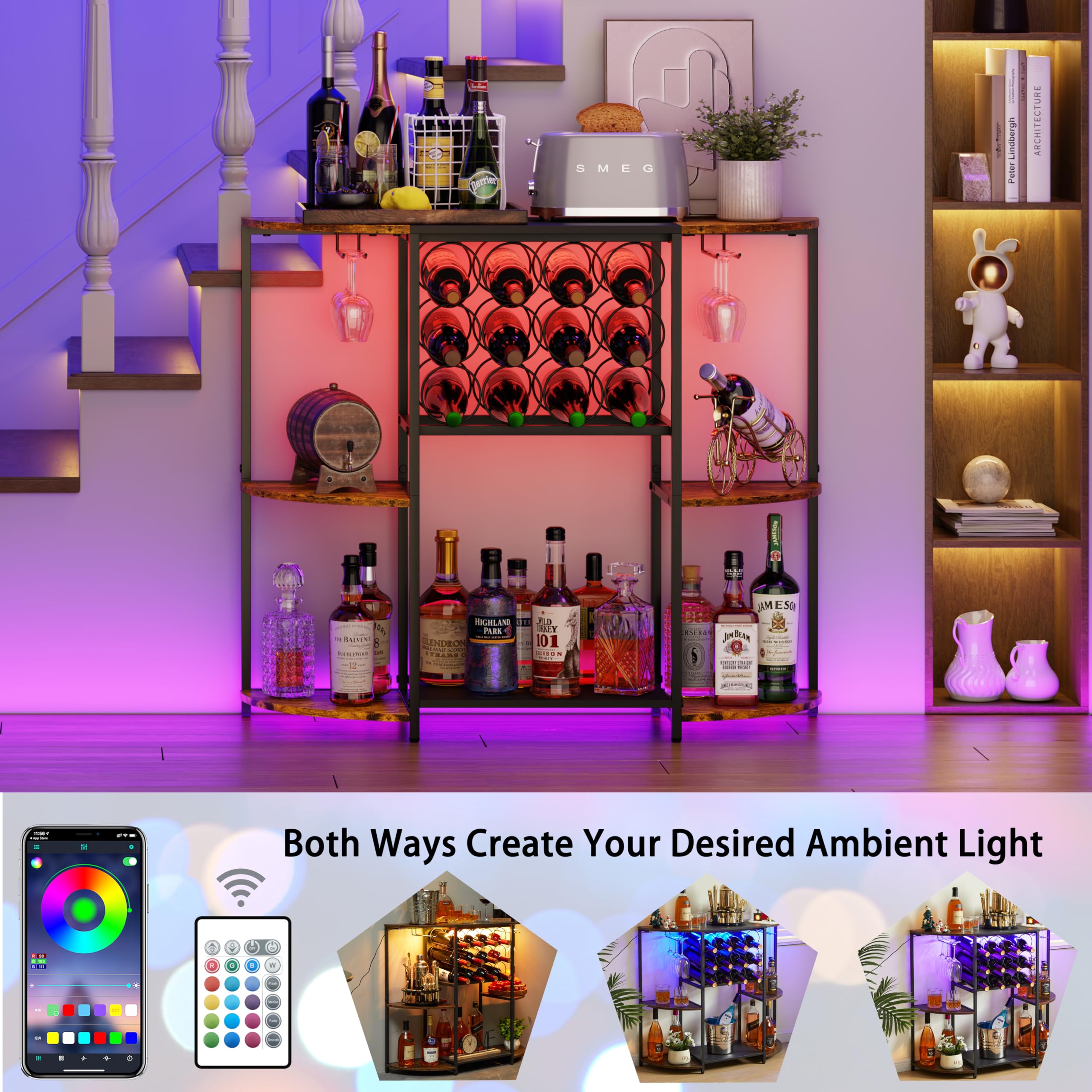 Wine Bar Cabinet with LED Lights and Glass Holder
