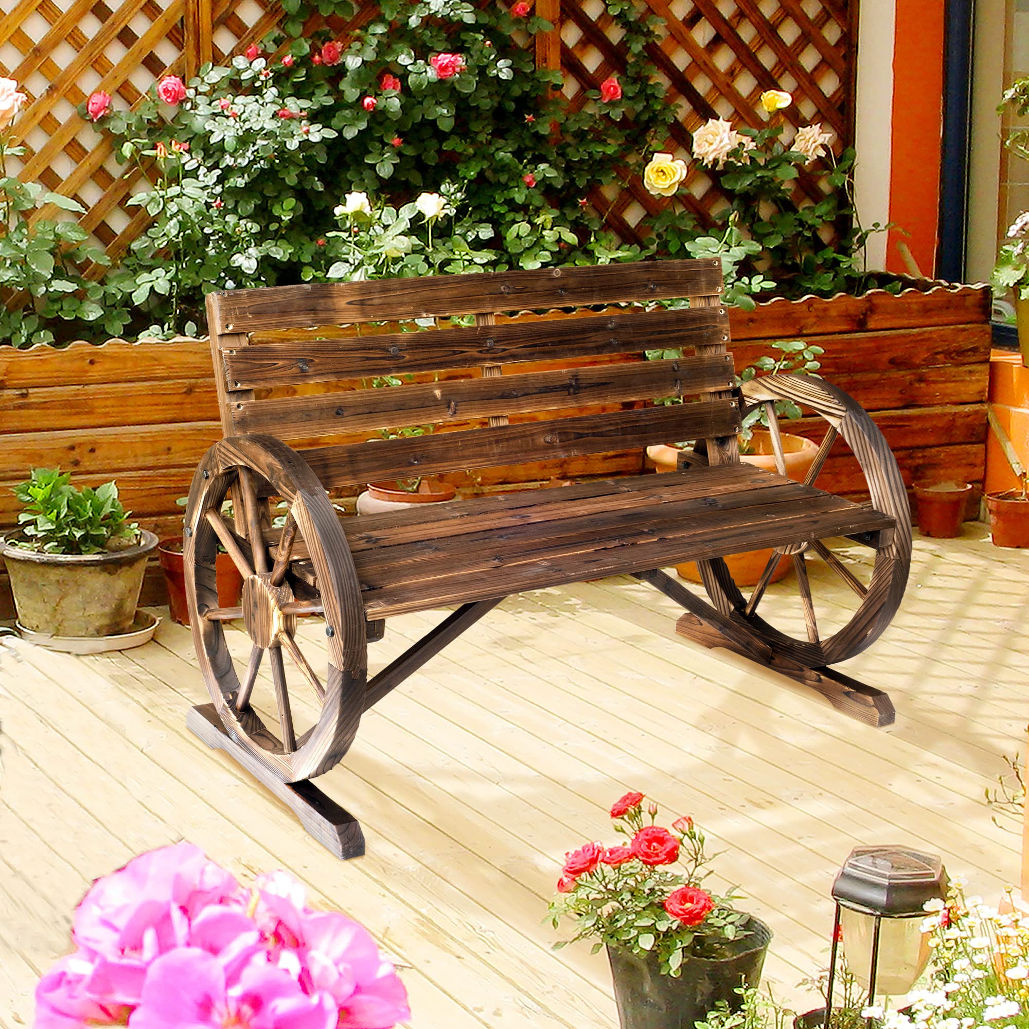 Wooden Wagon Wheel Bench Outdoor Patio Furniture