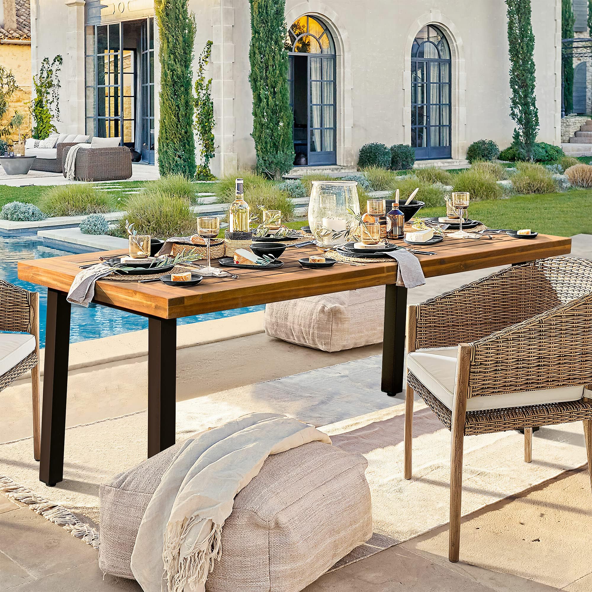 Acacia Wood Dining Table 6-Person Indoor Outdoor with Iron Legs