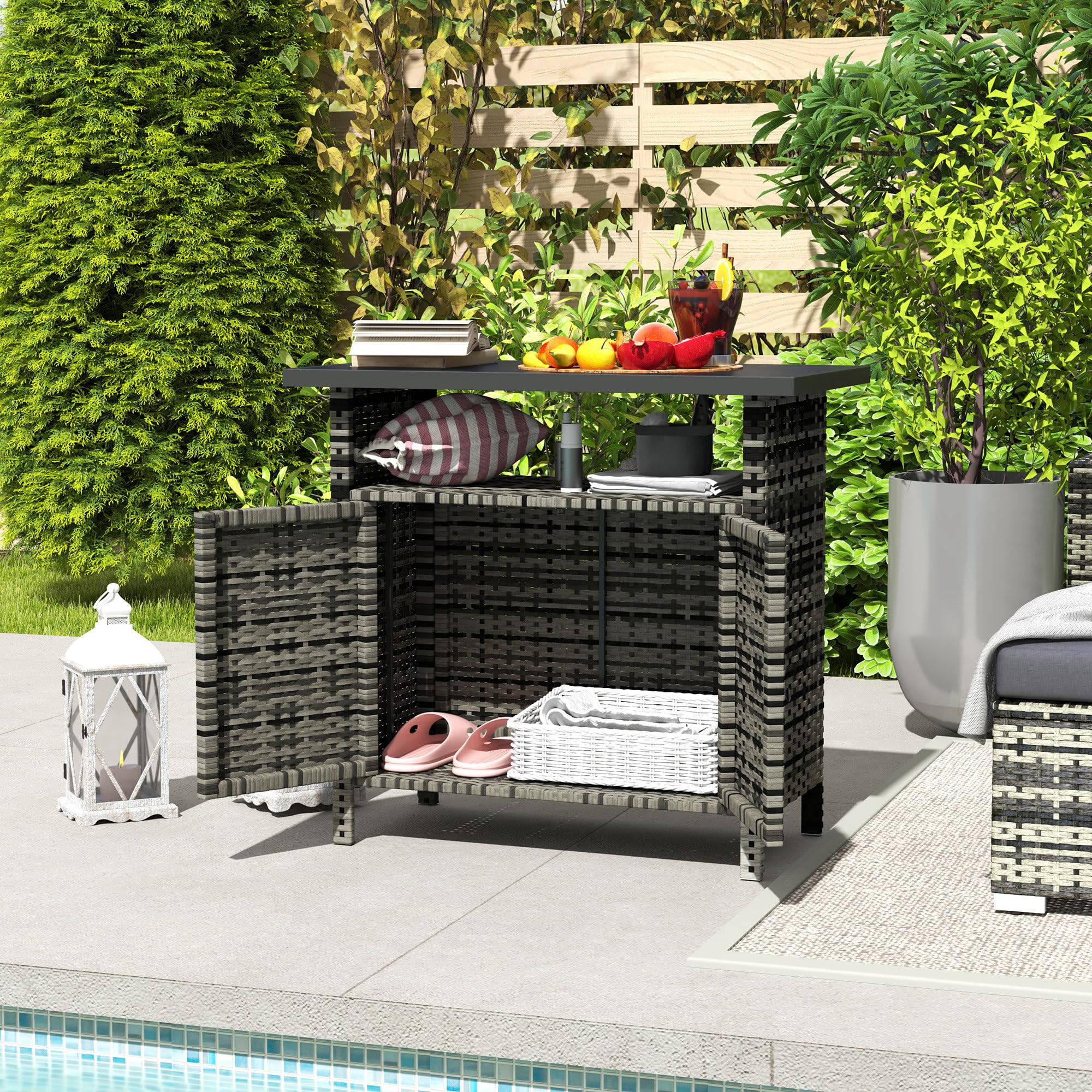 Wicker Outdoor Storage Cabinet with Metal Countertop