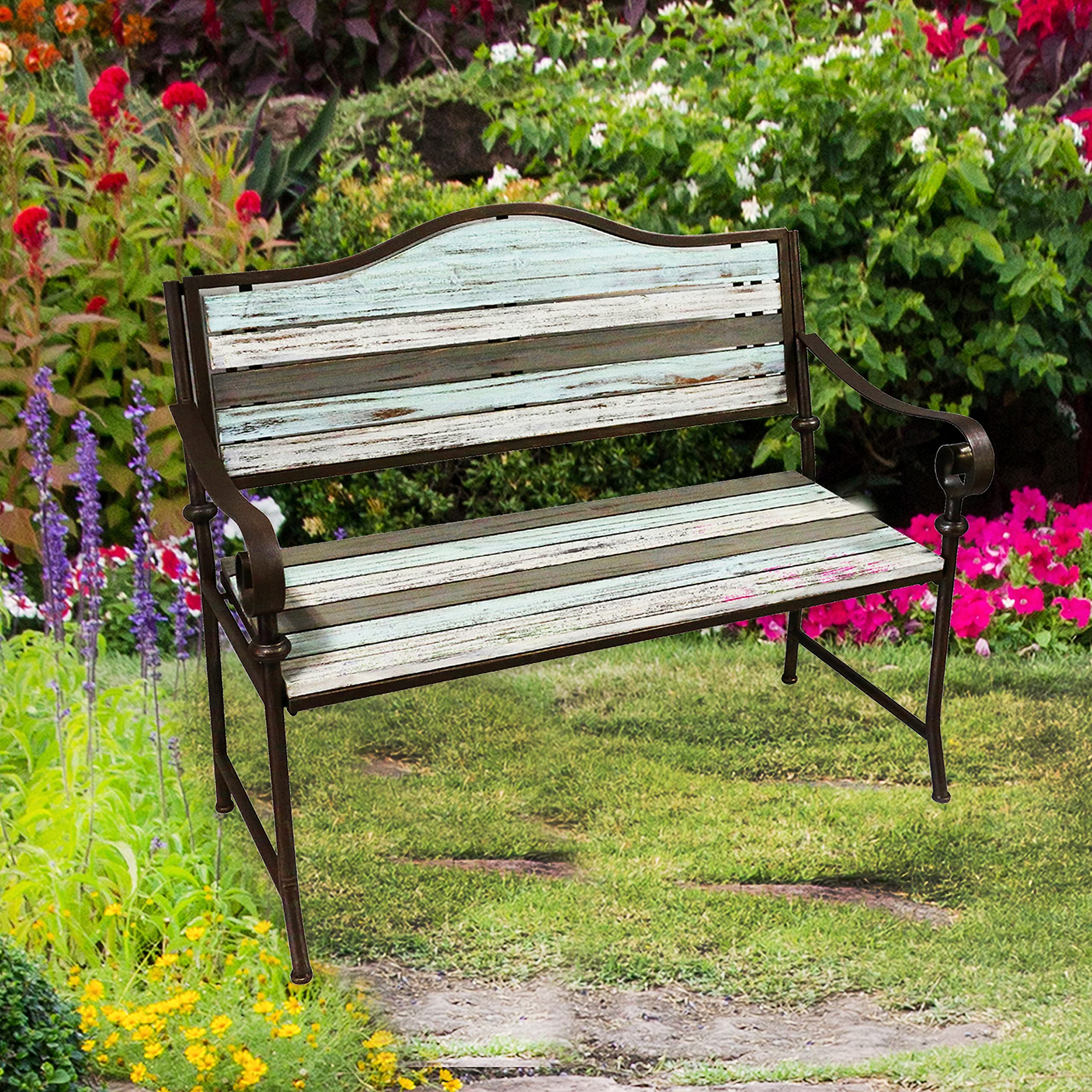 Rustic Outdoor Garden Bench with Wood Slats