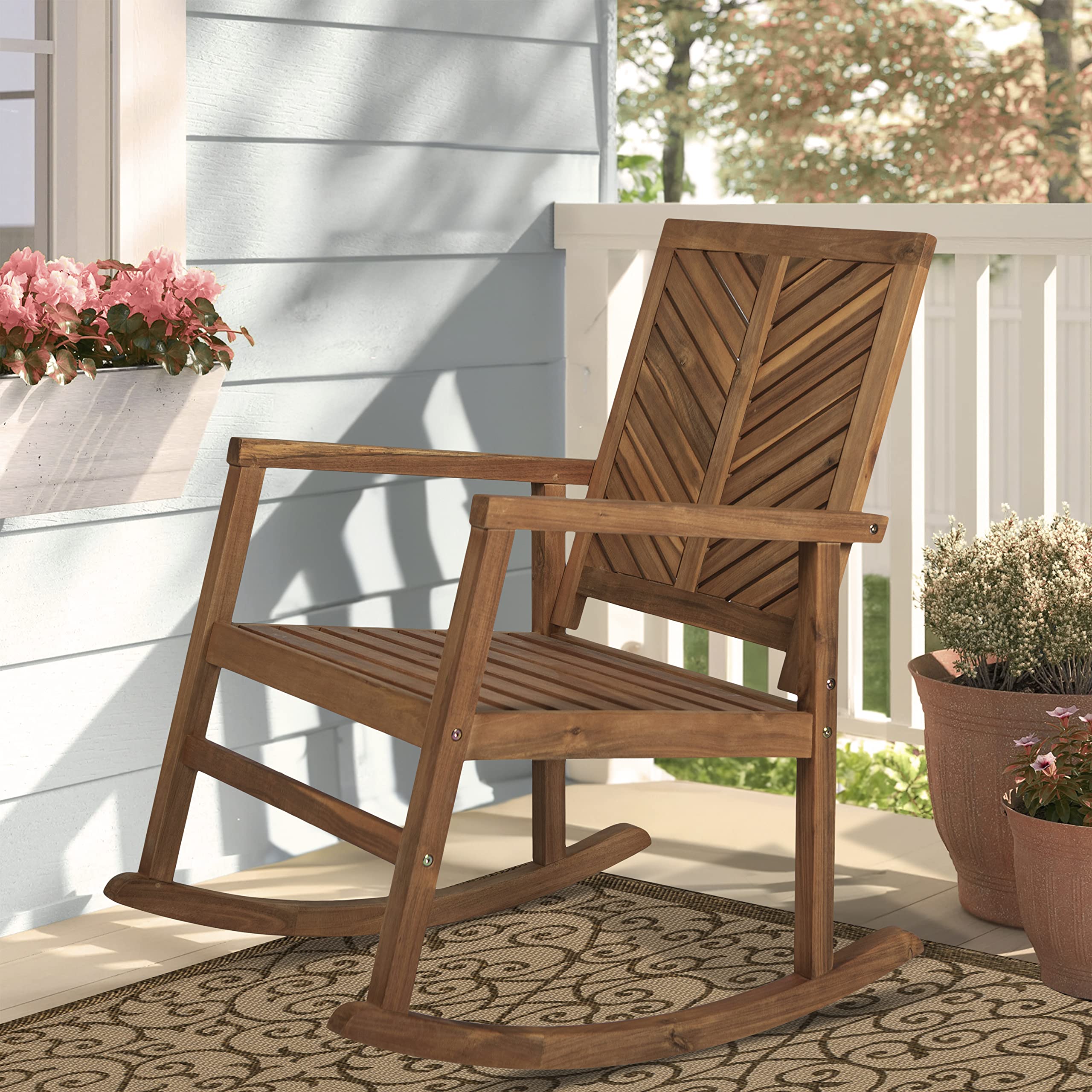 Acacia Wood Outdoor Rocking Chair - Chevron Back Design
