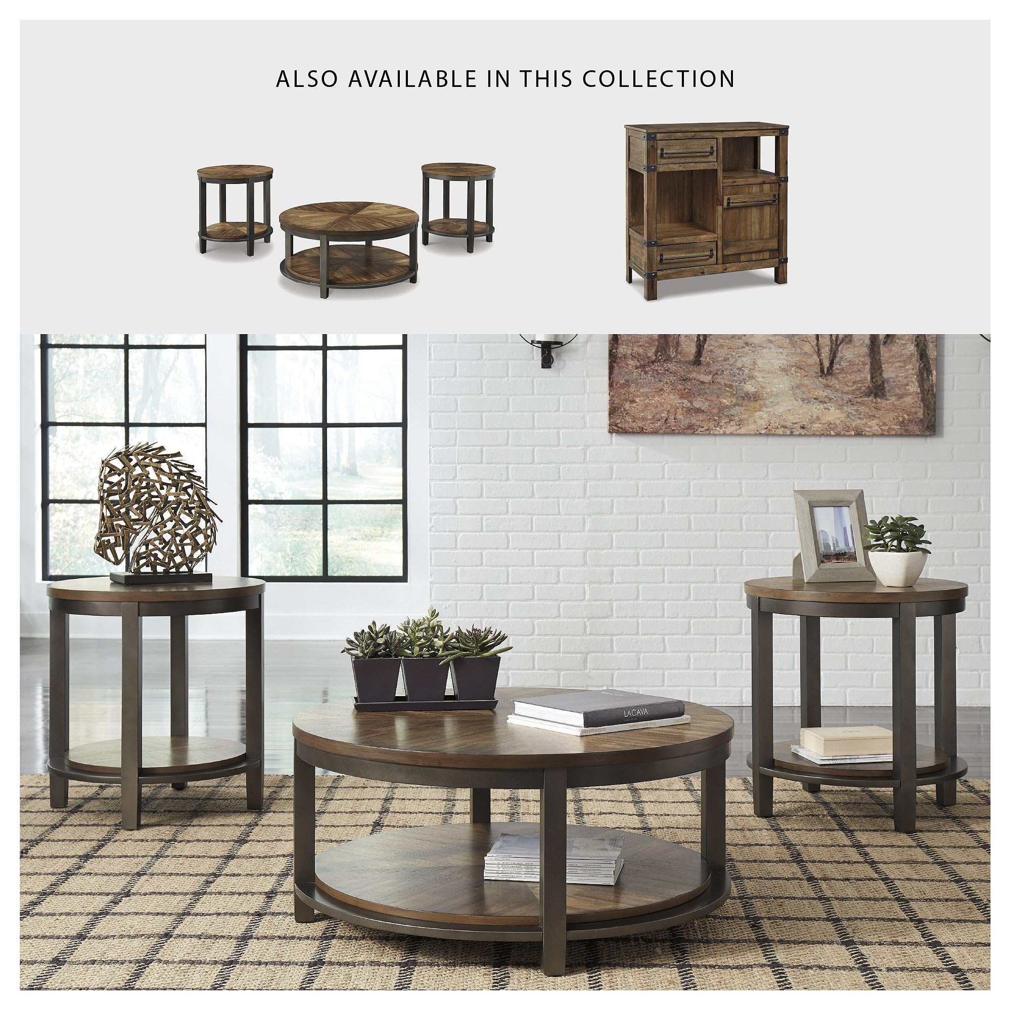 Roybeck Rustic Round 3-Piece Table Set with Fixed Shelf