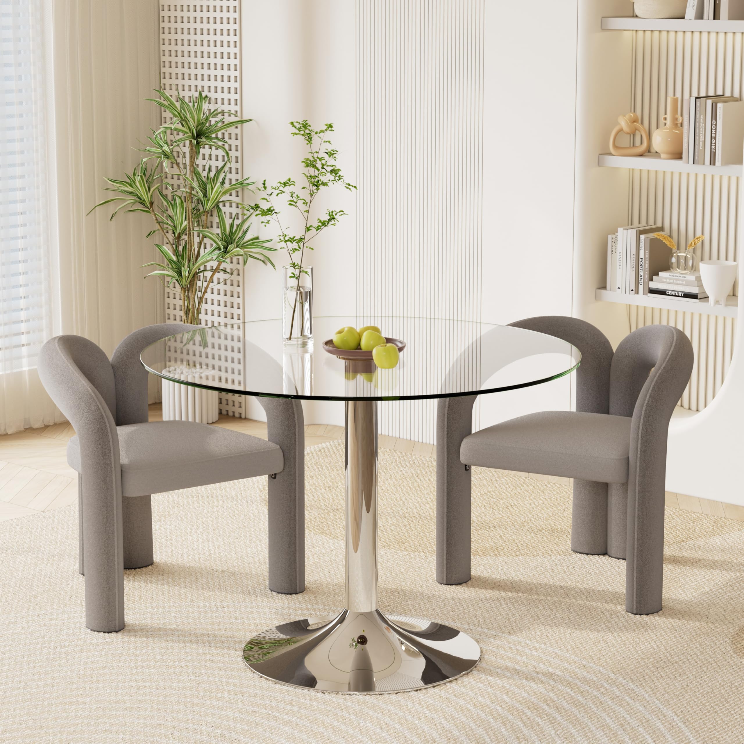 3 Piece Round Glass Dining Set with Velvet Chairs