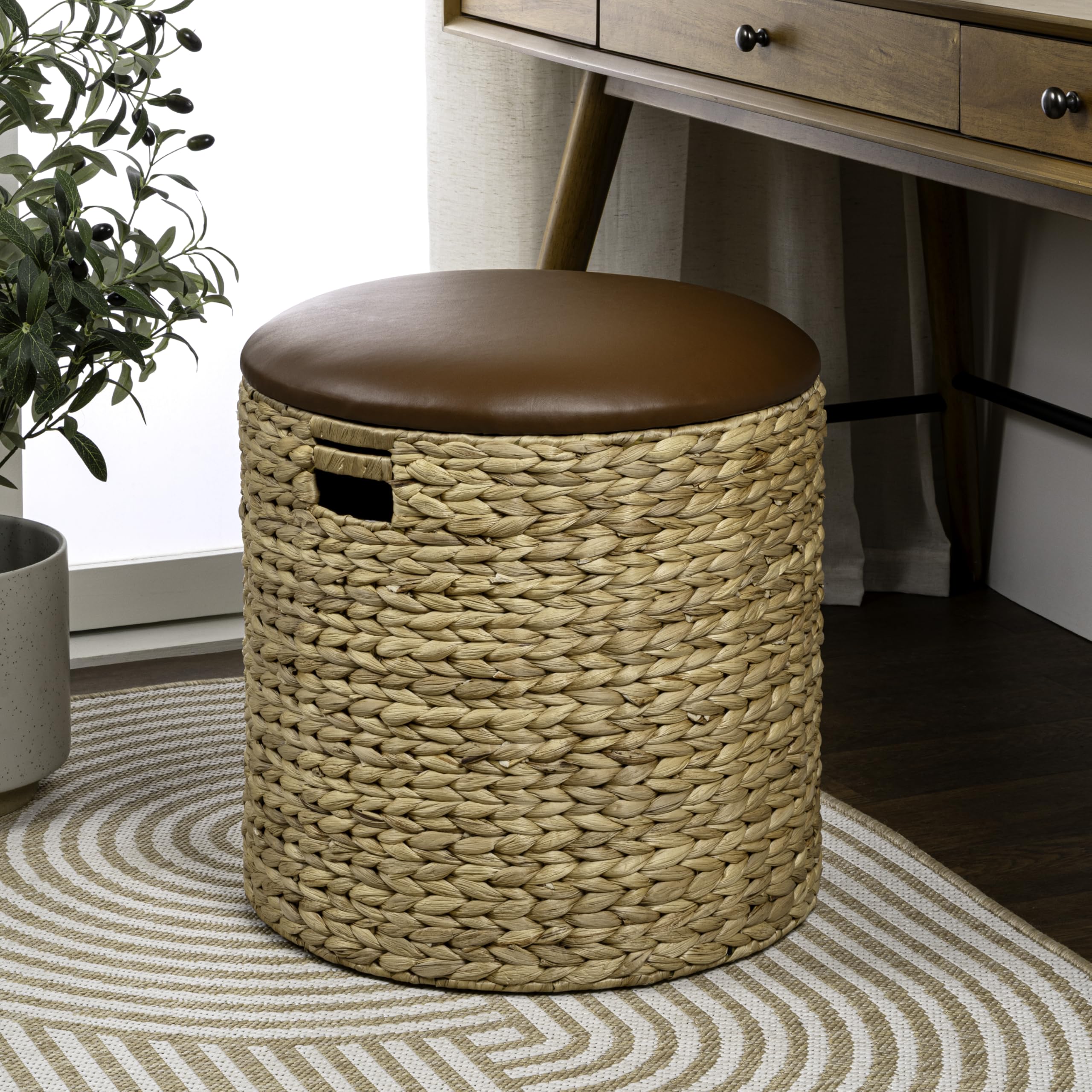 Water Hyacinth Storage Ottoman with Faux Leather Lid