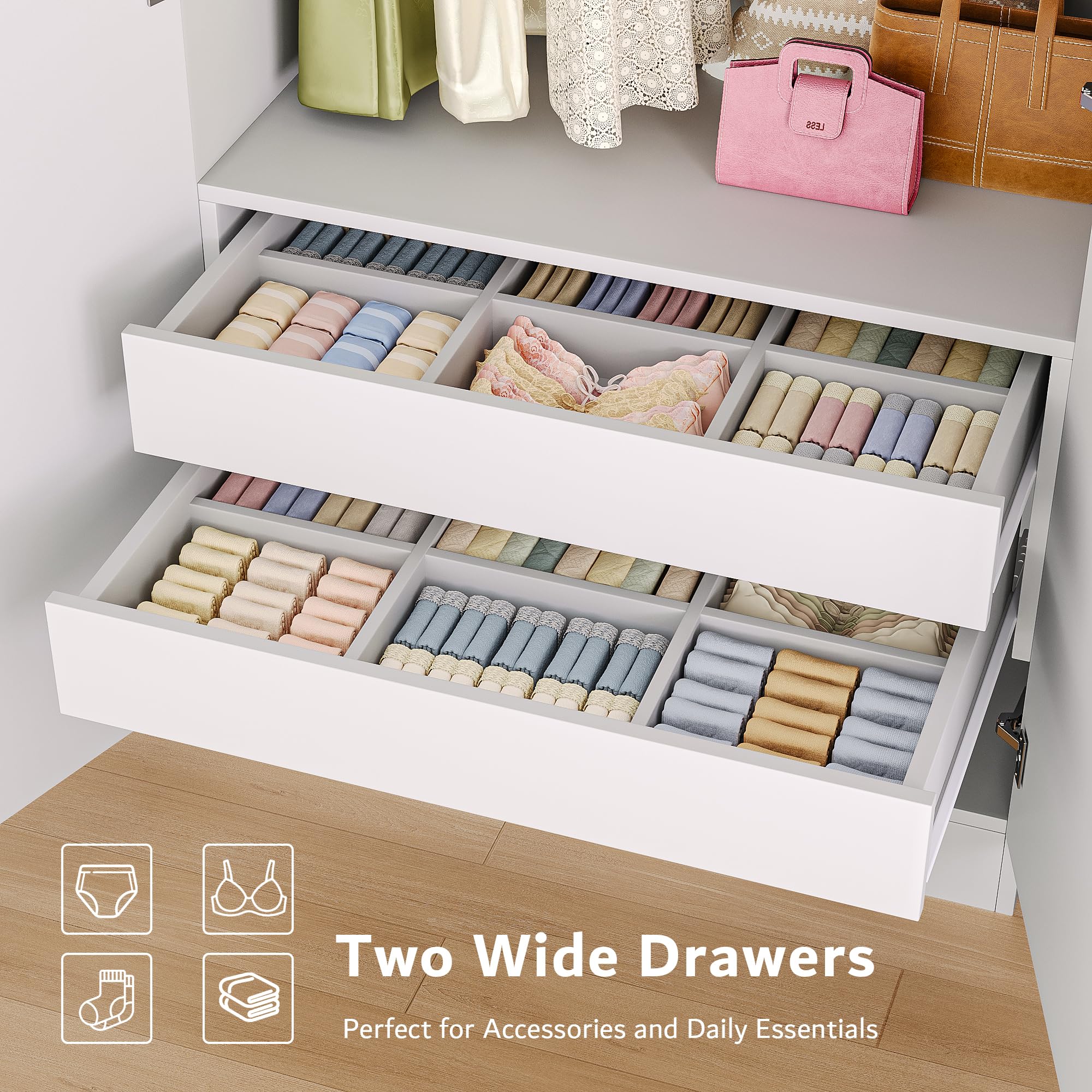 4-Door Wardrobe Closet with 2 Drawers and Adjustable Shelves