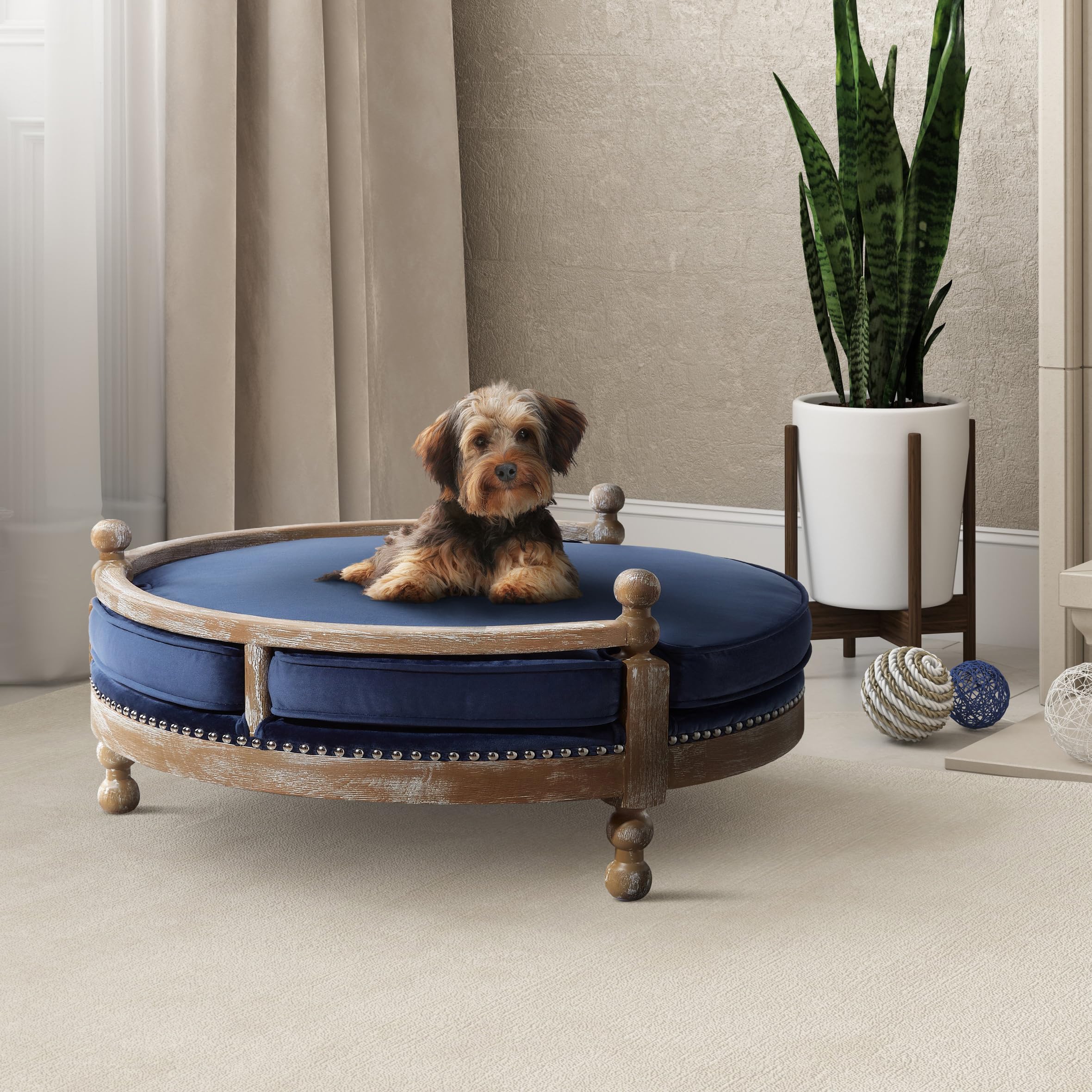 Elevated Weathered Oak Pet Bed with Velvet Cushion