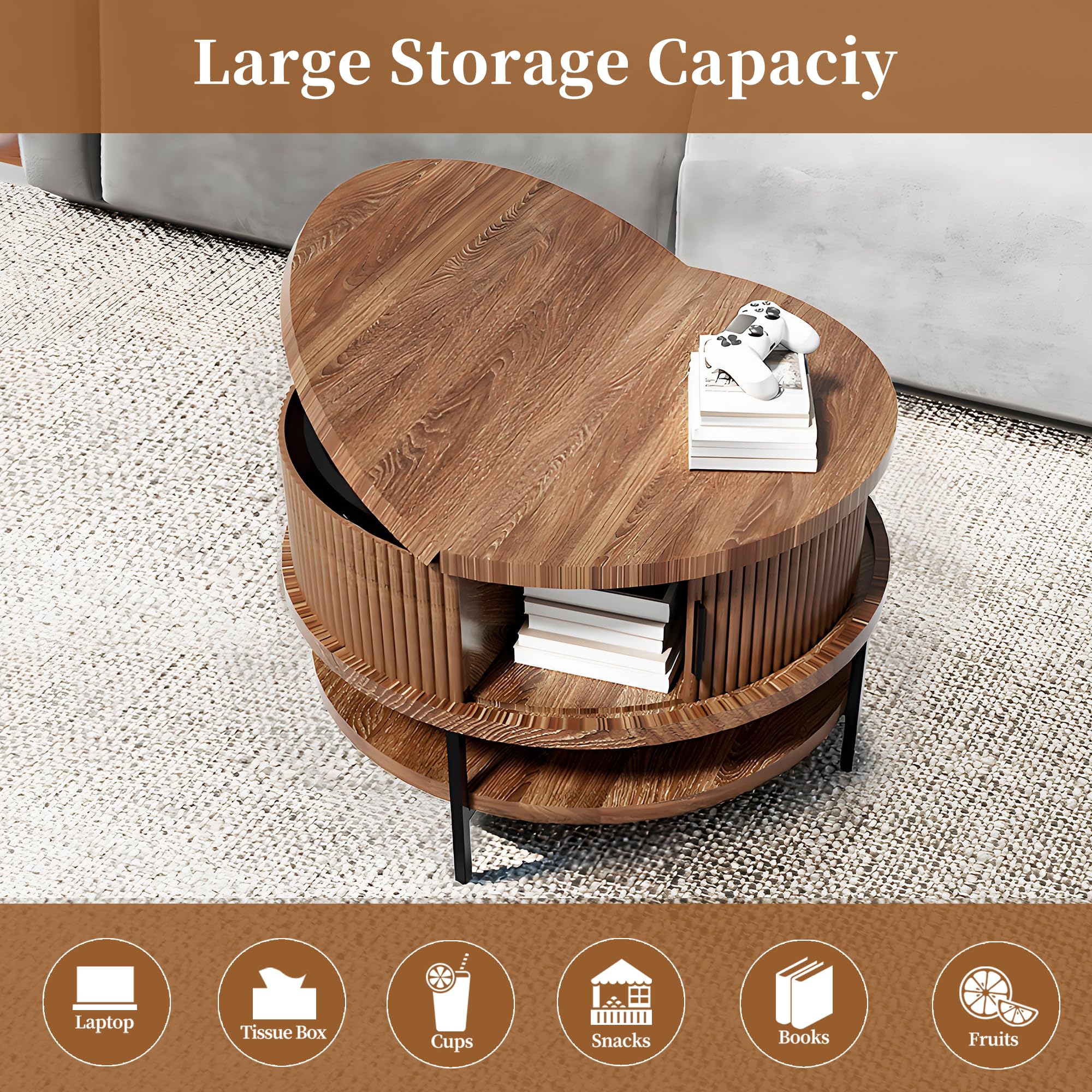 Round Flip Top Coffee Table with Storage