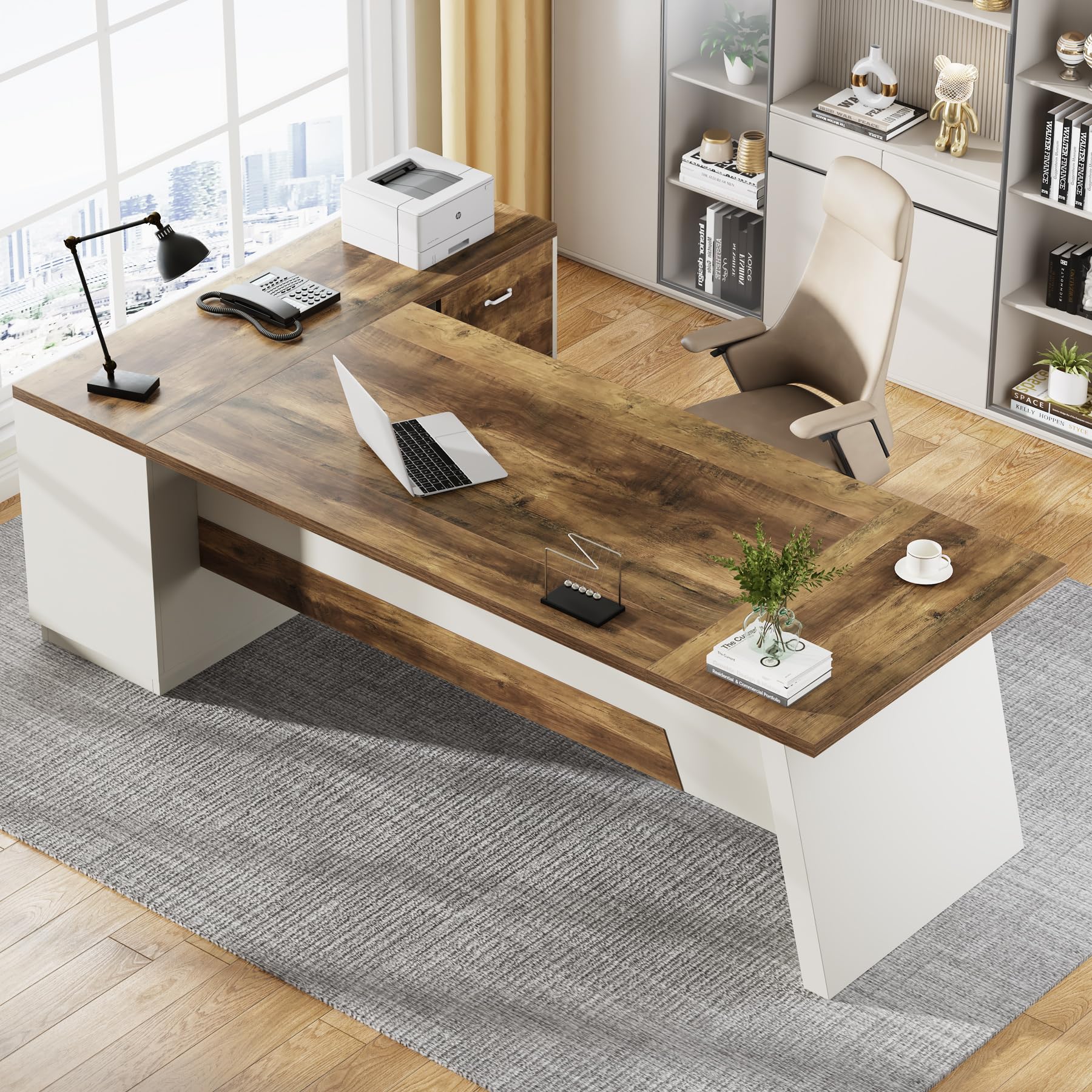 Tribesigns 78" L-Shaped Executive Desk, Large Modern Office Desk with Drawers and Lateral File Cabinet, Business Furniture with Storage Shelves, Big Computer Desk for Home Office (Brown + White)