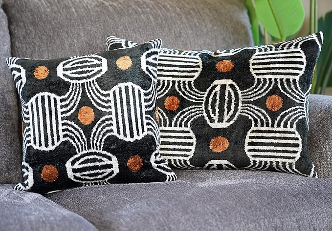 Handmade Velvet Throw Pillow 16x24 - Down Feather Fill Geometric Striped Design