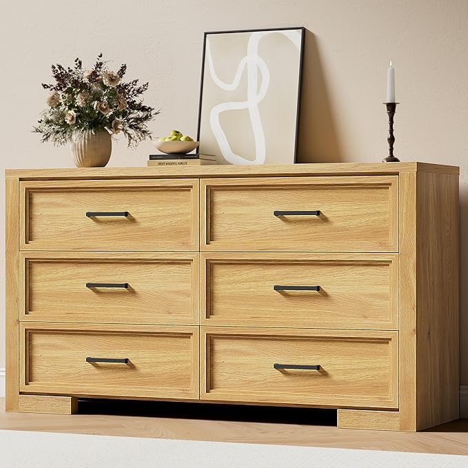 6 Drawer Dresser with Metal Handle - Natural Oak
