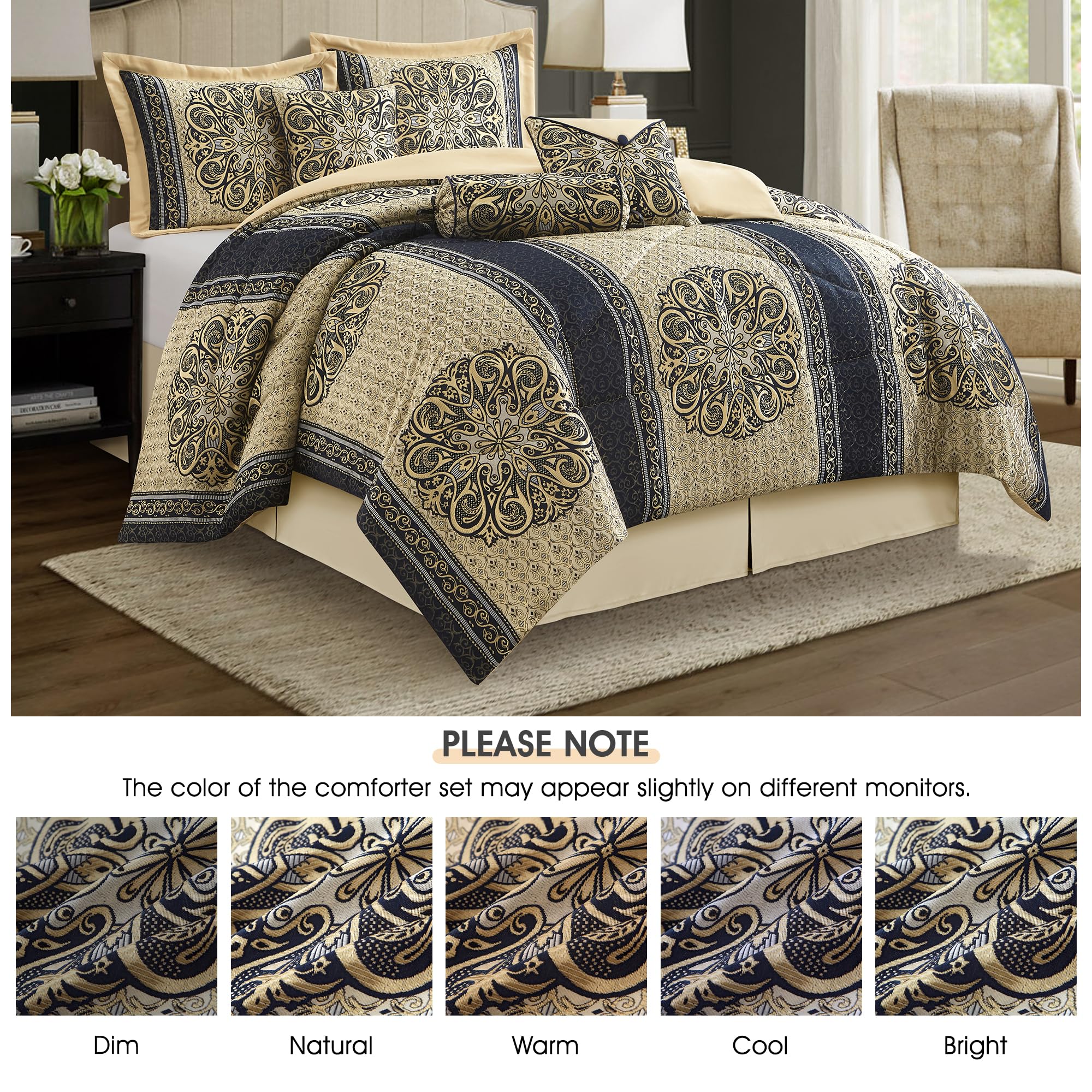 California King Comforter Set Navy Medallion Jacquard 7 Piece
