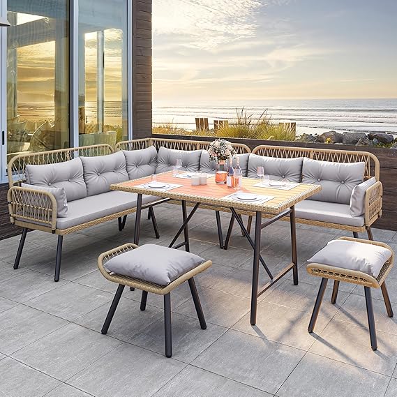 Patio Wicker L-Shaped Furniture Set with Cushions and Dining Table
