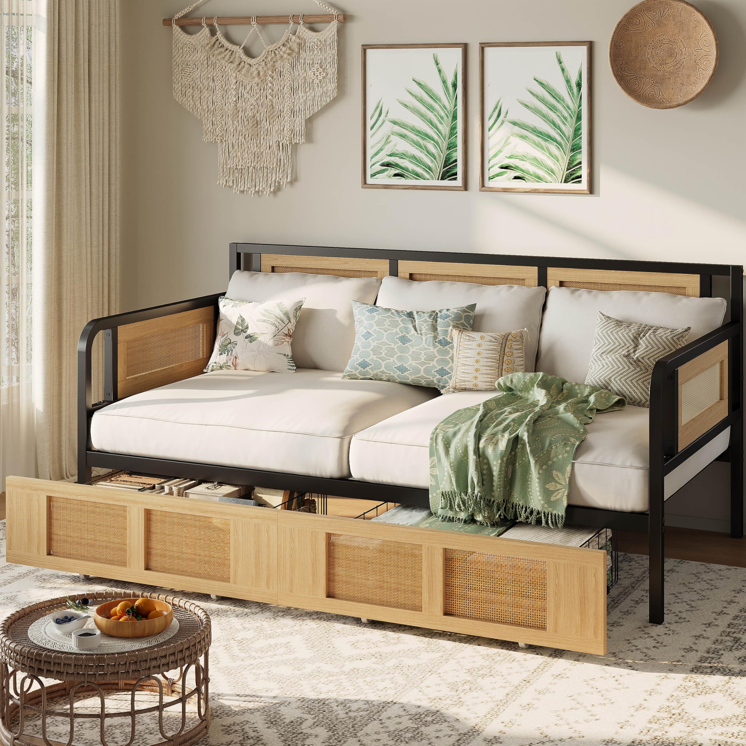 Twin Daybed with Storage Drawers and Rattan Design