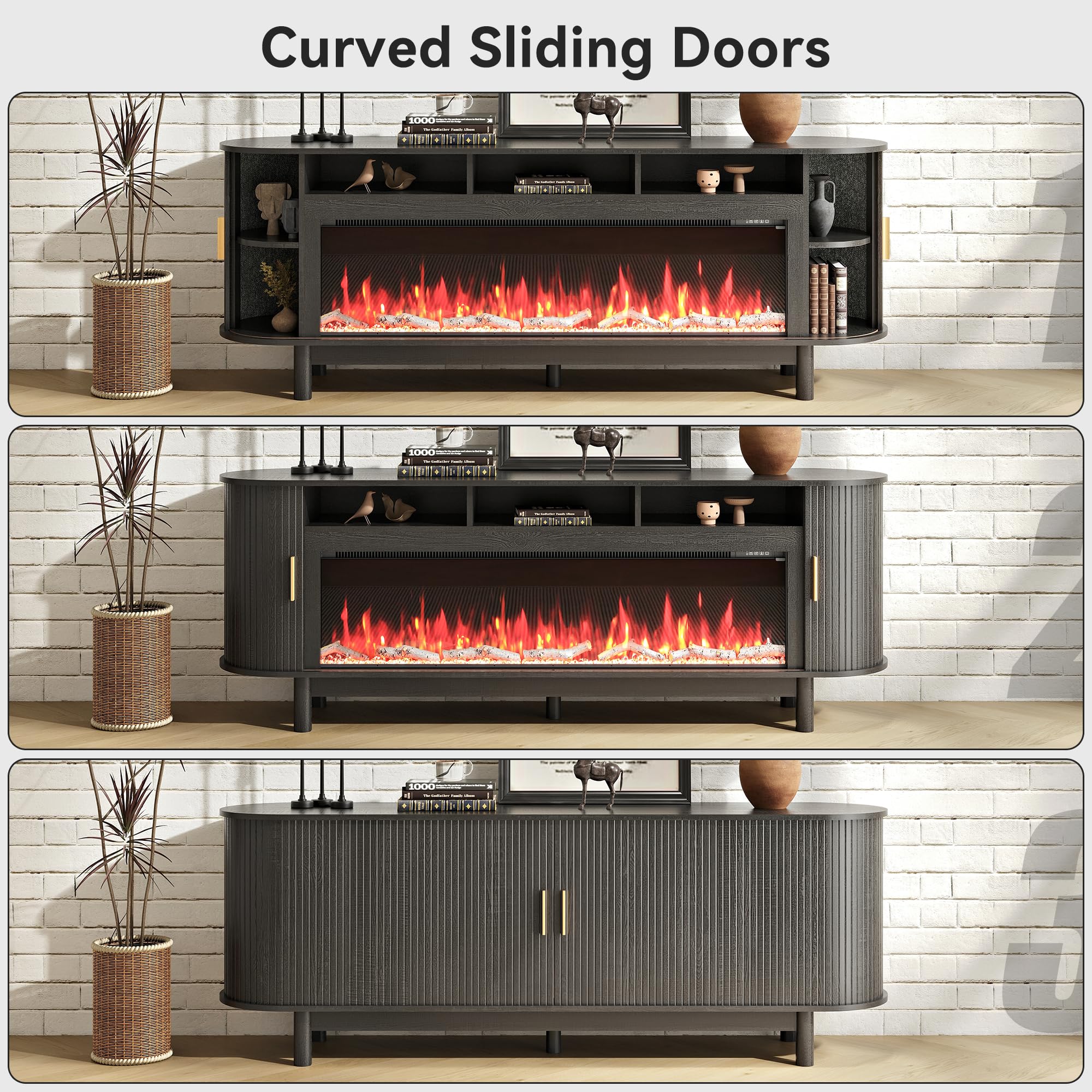 70 Inch Curved Fireplace TV Stand with Storage