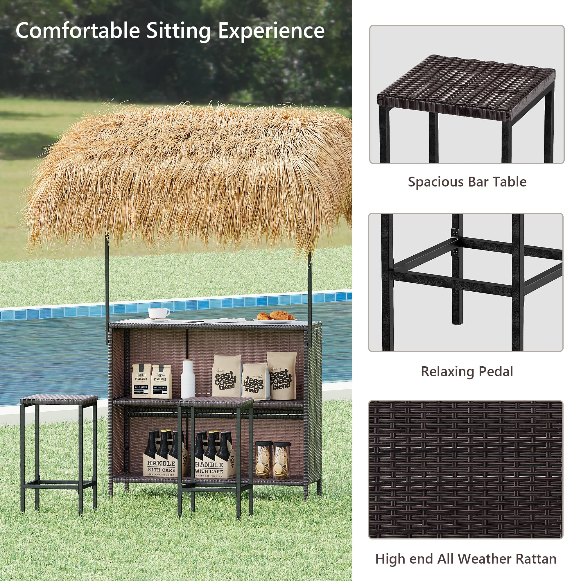 Phuket Patio Tiki Bar Set with Tempered Glass Top