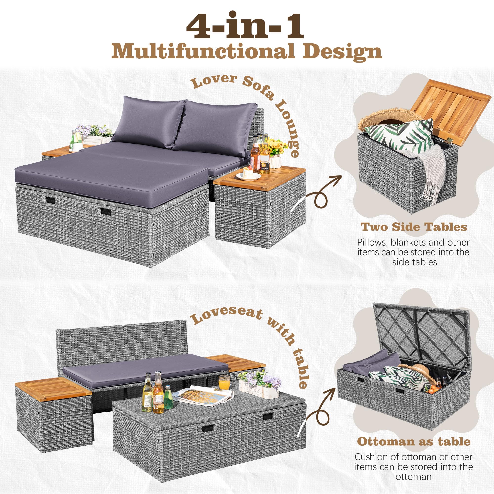 Outdoor Rattan Lounge Chair Set with Side Tables