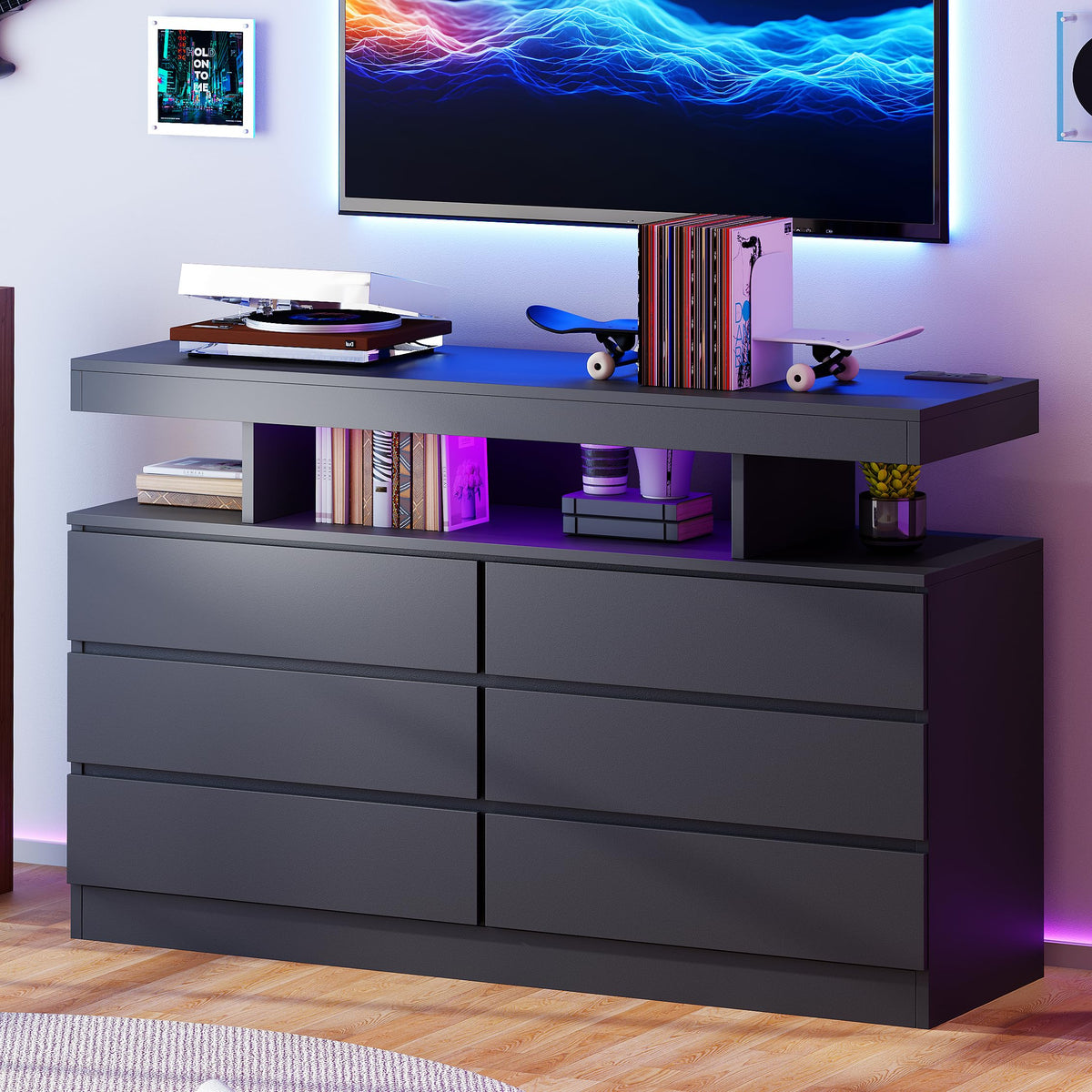 6 Drawer Dresser with Charging Station and LED Lights