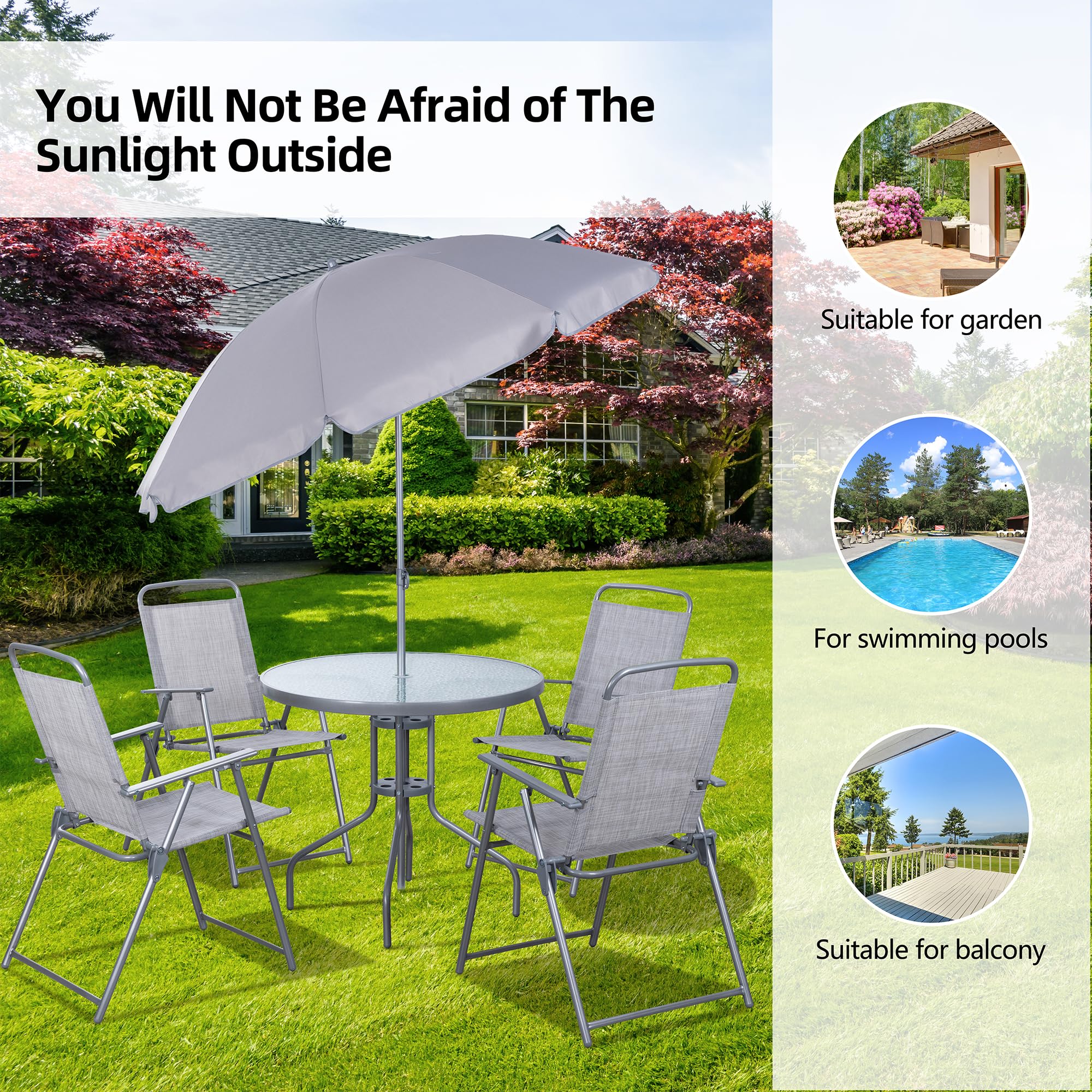 Vongrasig 6 Pieces Folding Patio Dining Set, All Weather Small Metal Outdoor Table and Chair Set, Garden Patio Furniture Set w/Umbrella, Glass Table & 4 Folding Chairs for Lawn, Backyard, Silver