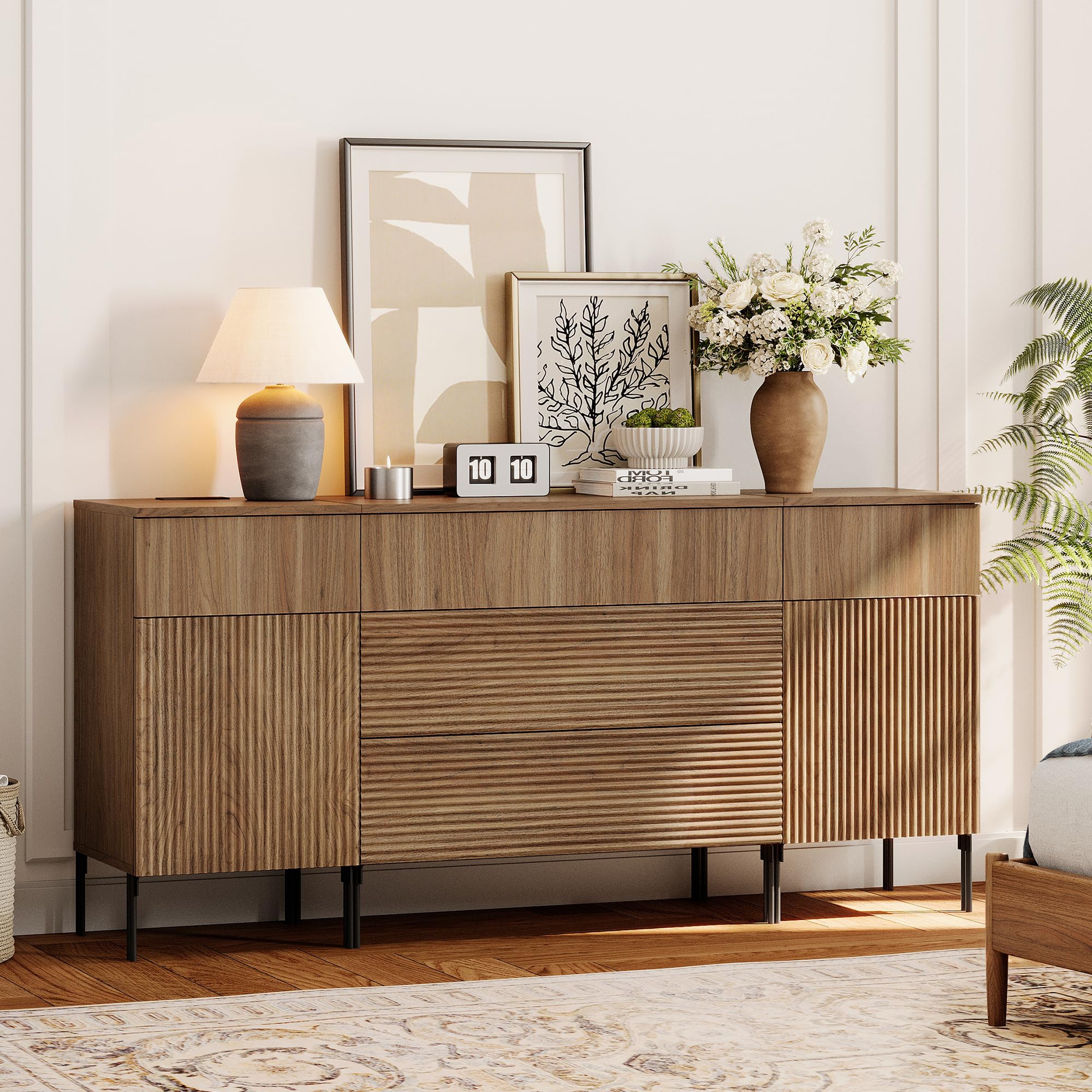 63" Fluted Sideboard Buffet Cabinet with Charging Station