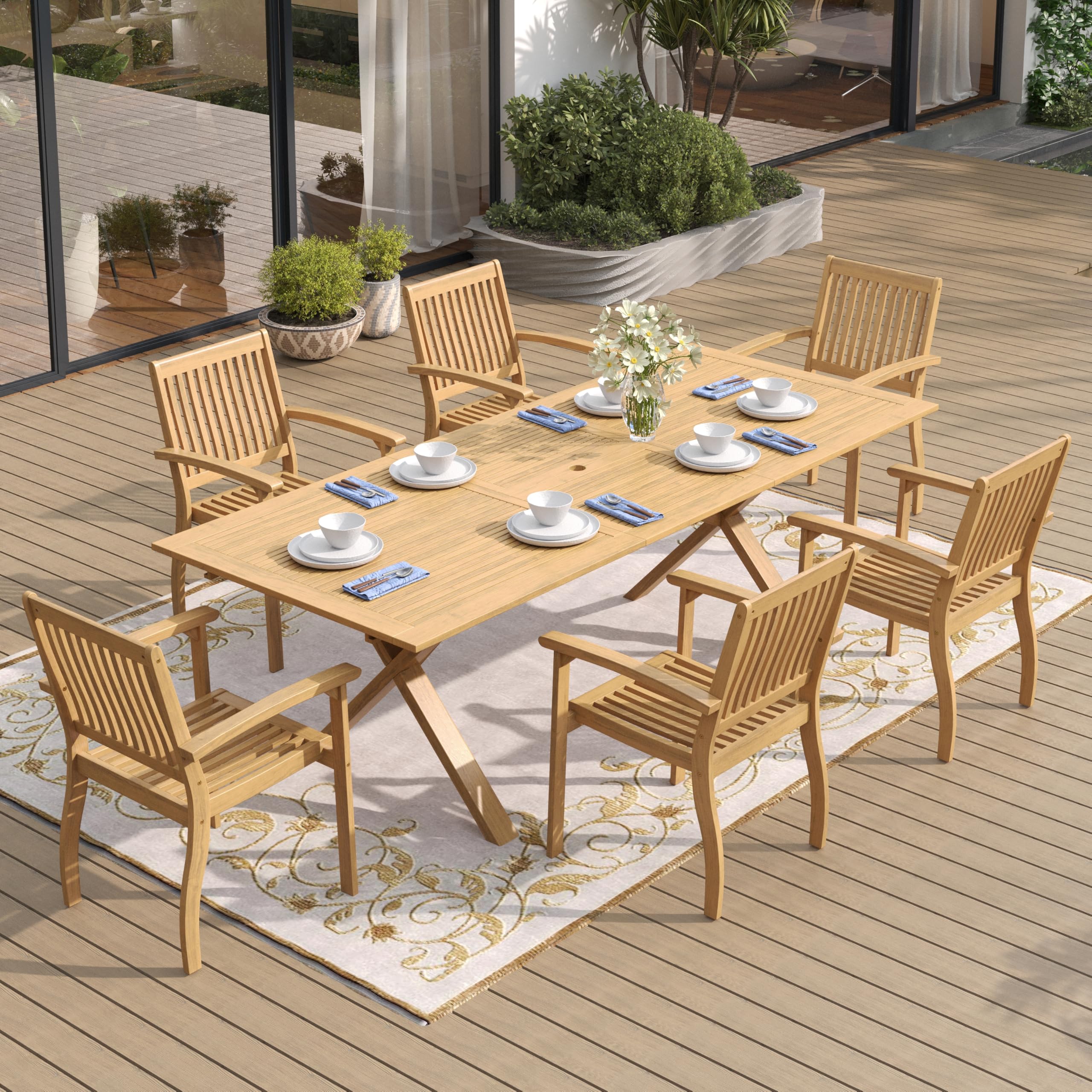 SUNSHINE VALLEY Acacia Wood 7 Piece Patio Dining Sets for 6, Outdoor Dining Set with Expandable Teak Dining Table(1.97" Umbrella Hole) & Wooden Chairs, Patio Table and Chairs for Backyard,Deck