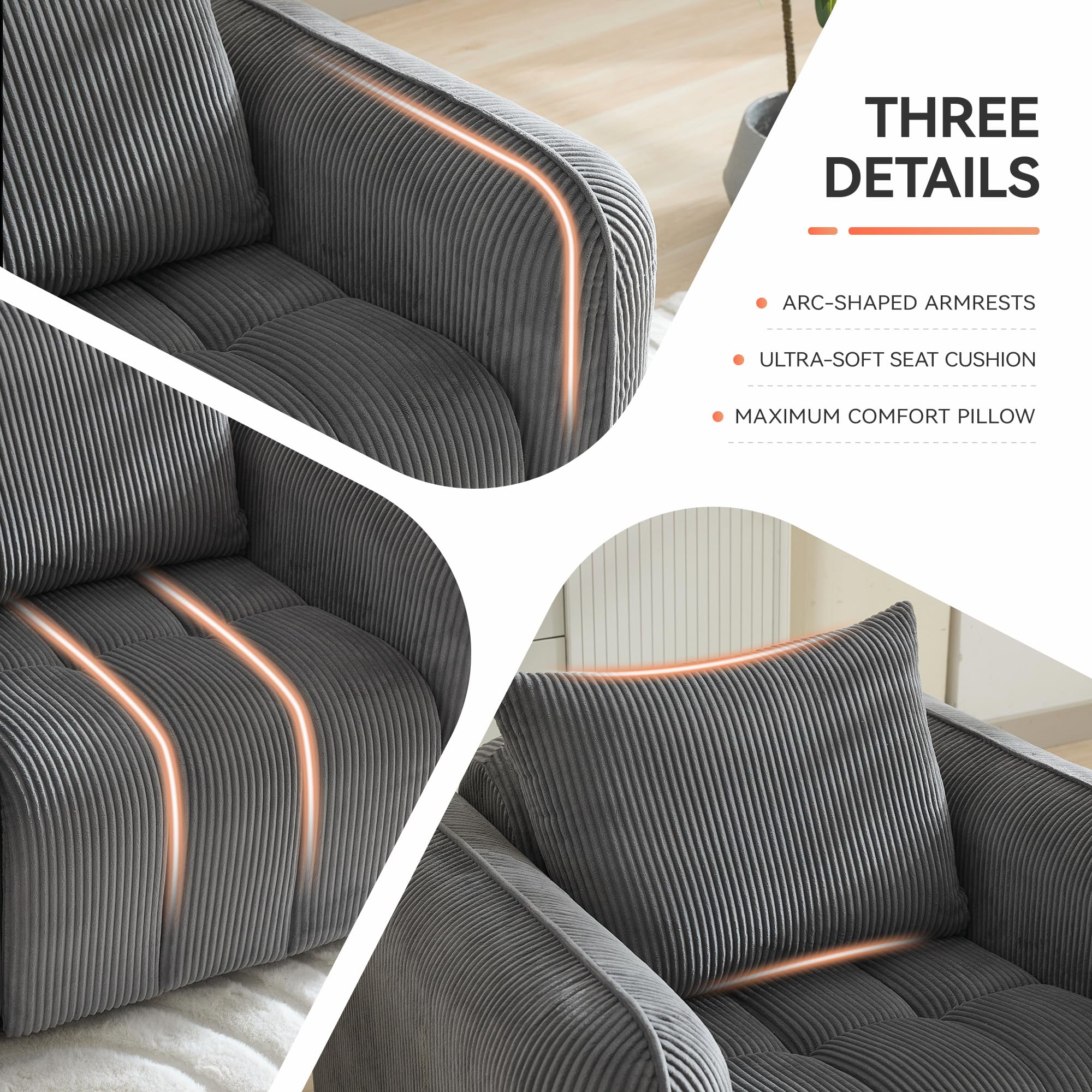 Modern Corduroy Living Room Set - Loveseat with 2 Single Chairs