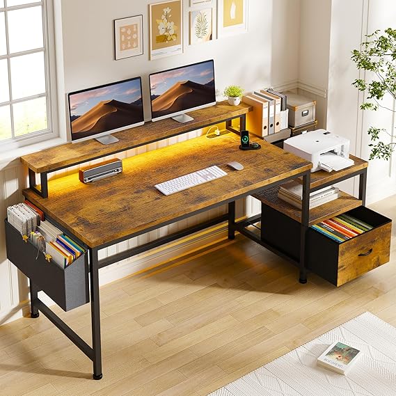 57" Computer Desk with Drawers and Power Outlets