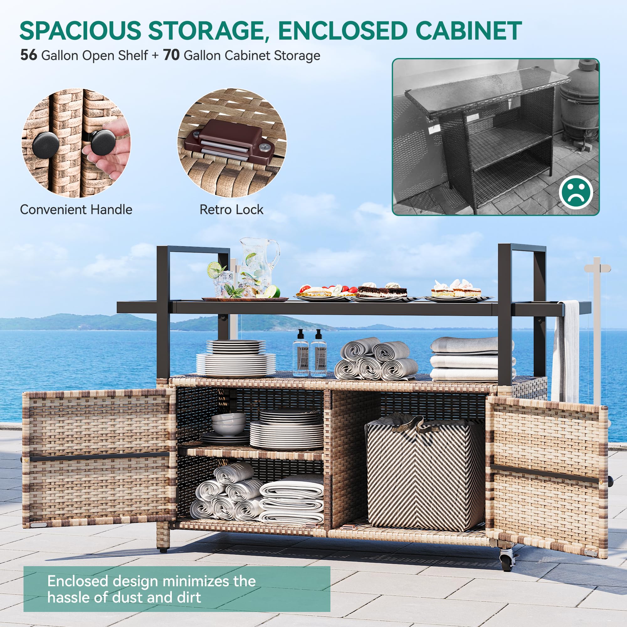 Outdoor Kitchen Wicker Island Rolling Cart with Glass Top