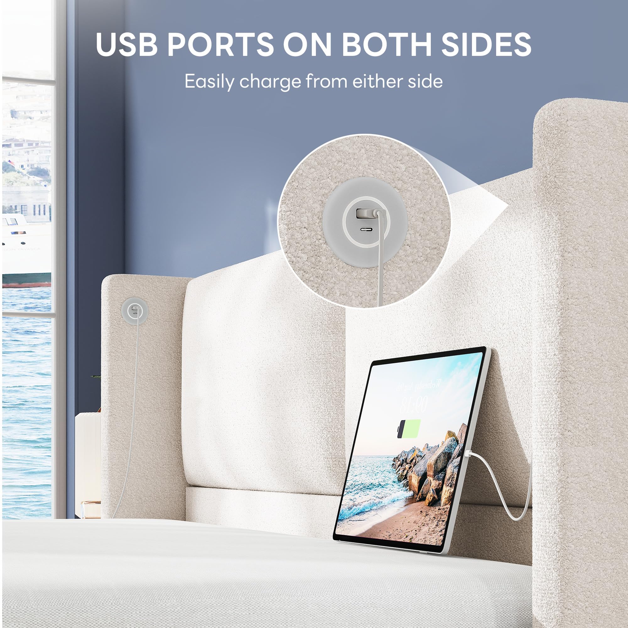 Queen Upholstered Bed Frame with USB Ports