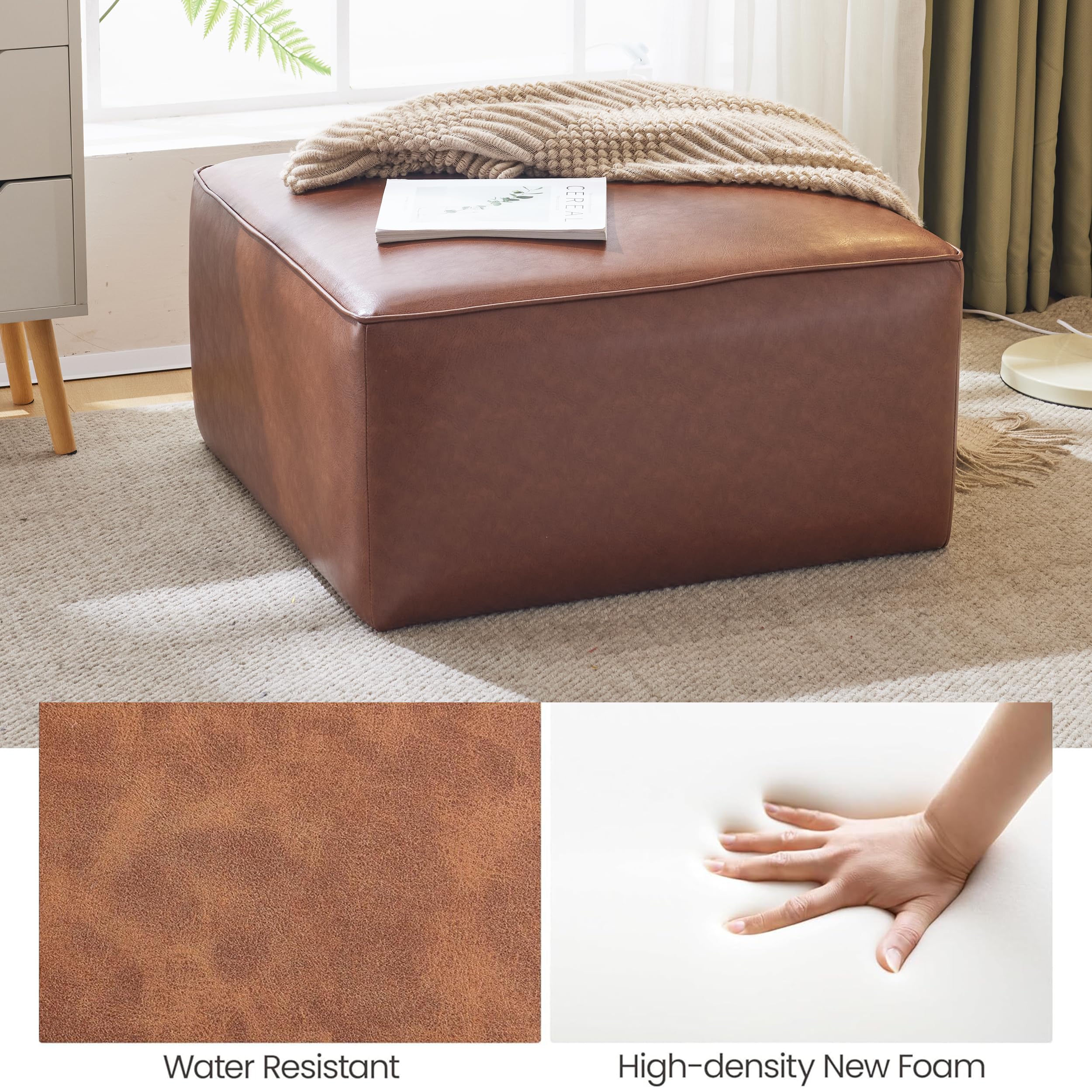 Faux Leather Square Ottoman Footstool - Light Brown 30"