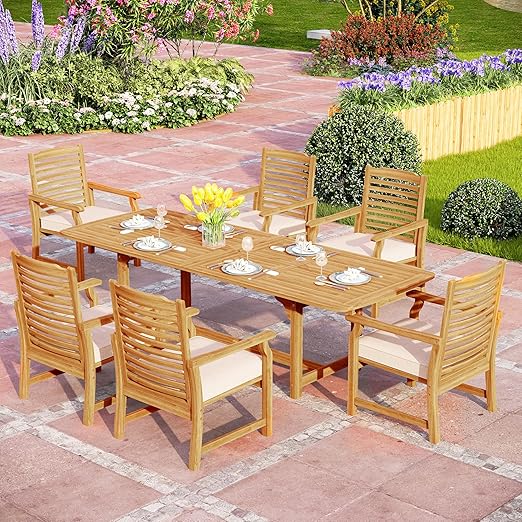 PHI VILLA 9 Pieces Acacia Wood Patio Dining Set for 8, Expandable Teak Dining Table & Wooden Chairs with Cushions, Farmhouse Dining Furniture Set for Outdoor Deck, Yard, Porch