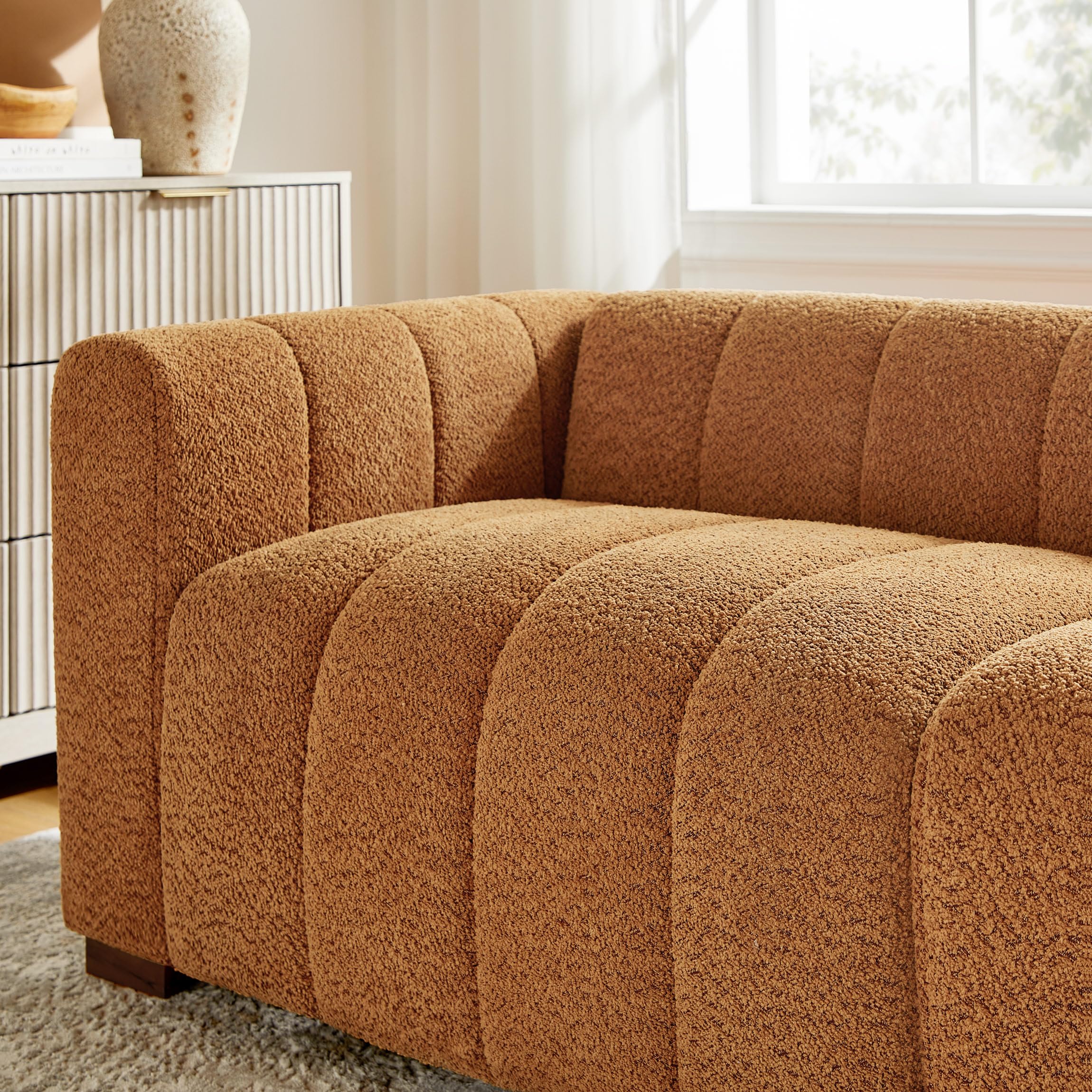 VANOMi 82.68" Oversized Boucle Sofa for Living Room, Modern Upholstered Tufted Cloud Couch,Comfy 3 Seater Deep Seat Sofa with Wood Legs for Apartment, Reception Room,Curry