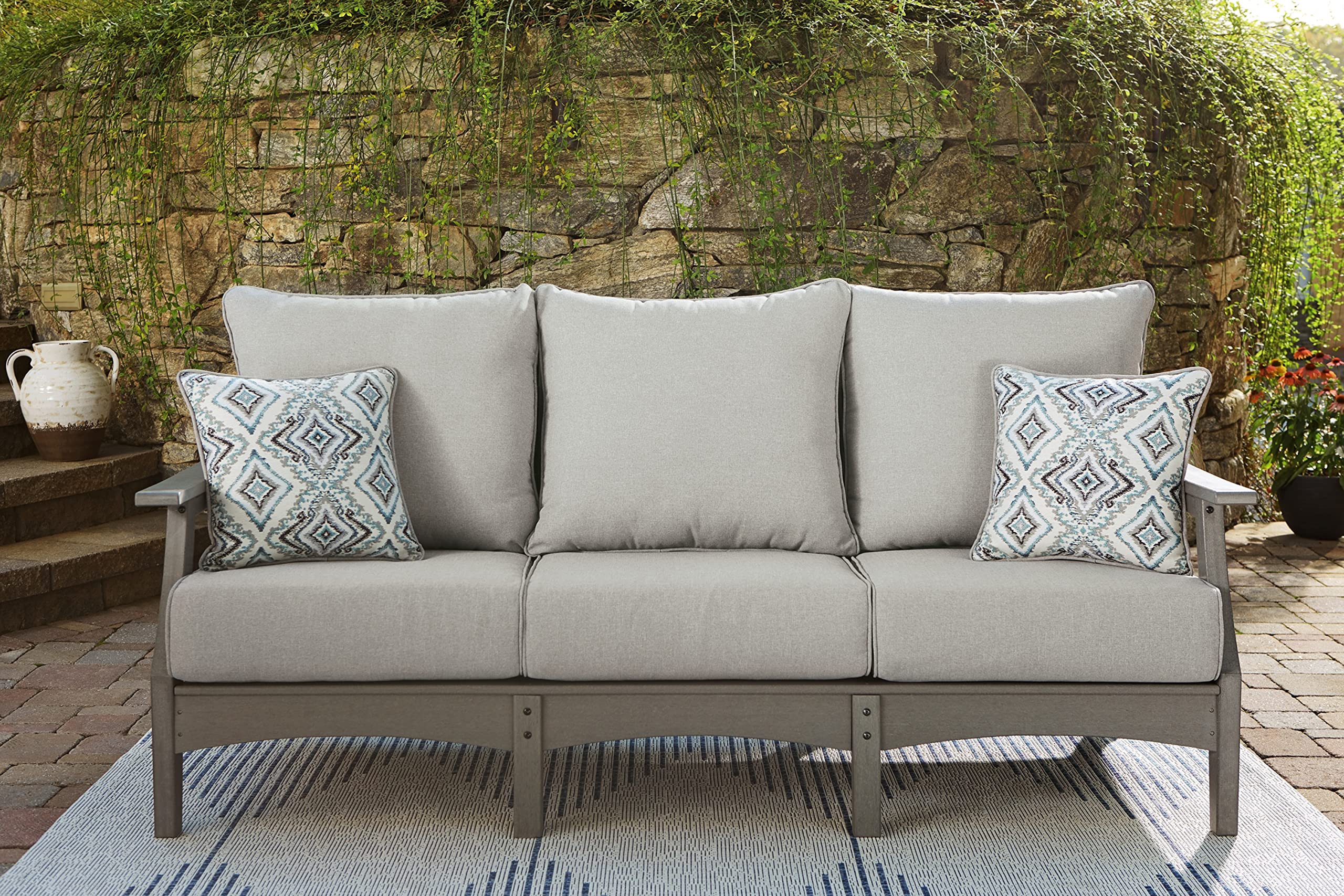 Outdoor Patio Sofa with All-Weather Cushion and 2 Throw Pillows