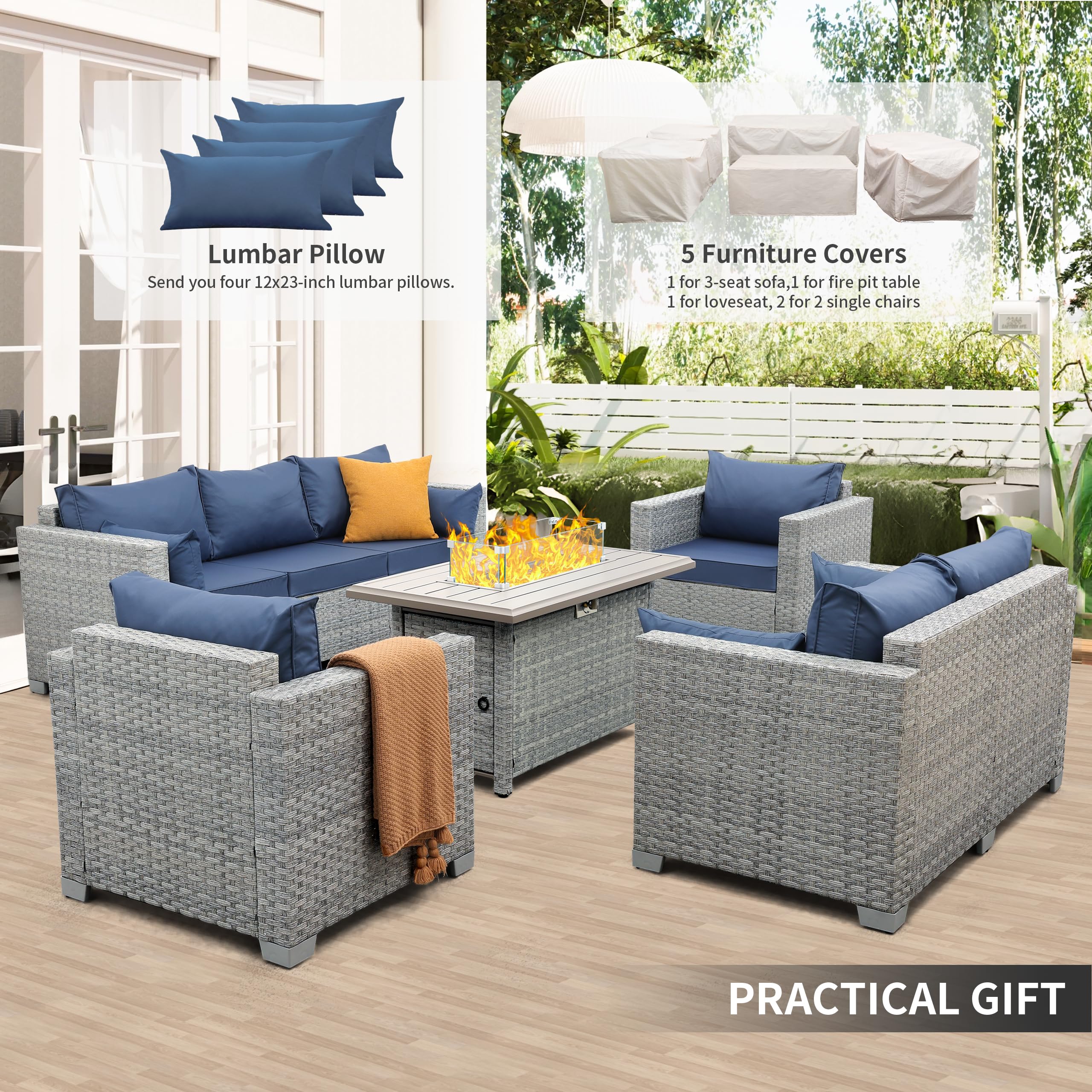 5-Piece Outdoor Sectional Sofa Set with Fire Pit Table
