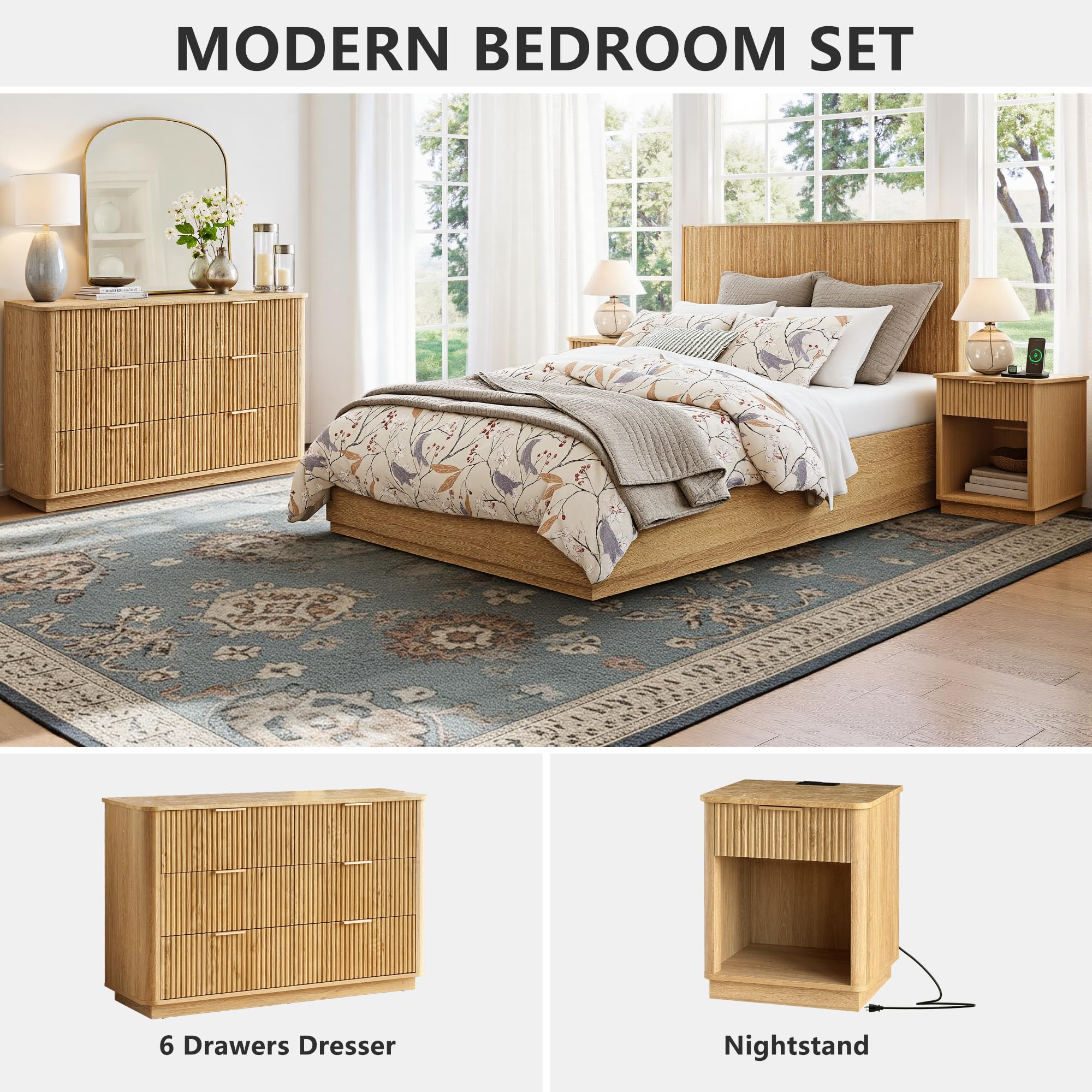 Fluted 6 Drawer Dresser and Nightstands Set