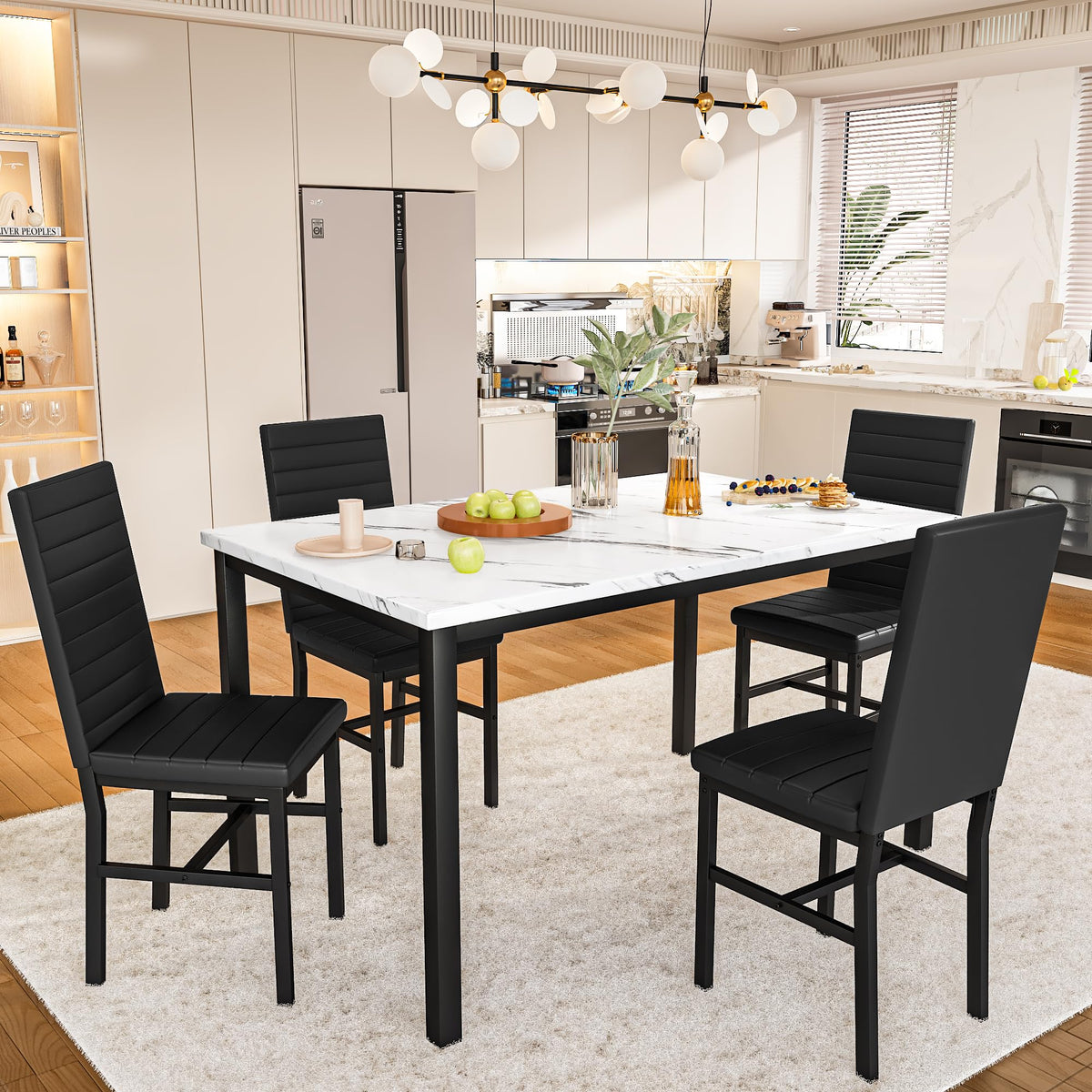5-Piece Faux Marble Dining Table Set with 4 Upholstered Chairs