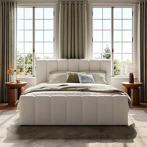 King Size Boucle Platform Bed with Thick Headboard