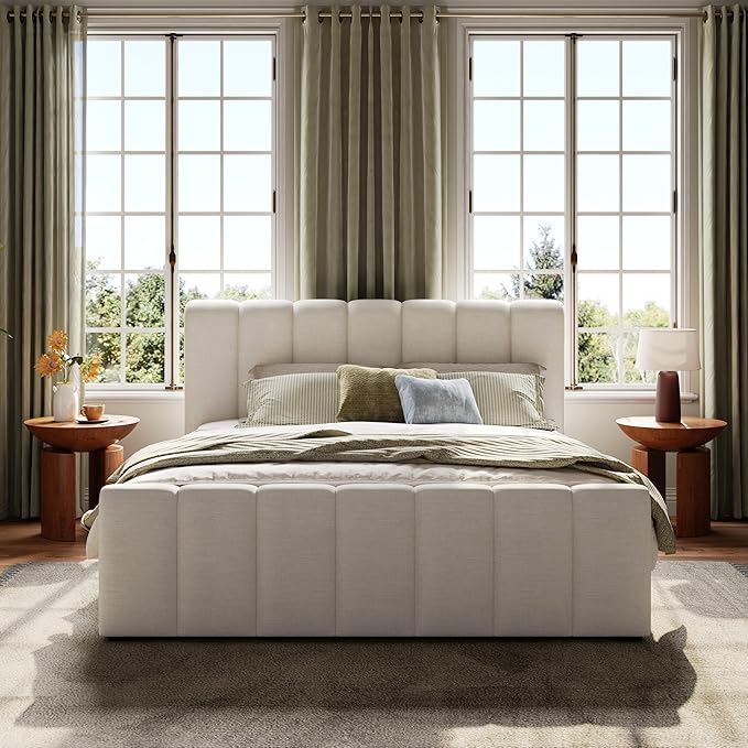 King Size Boucle Platform Bed with Thick Headboard