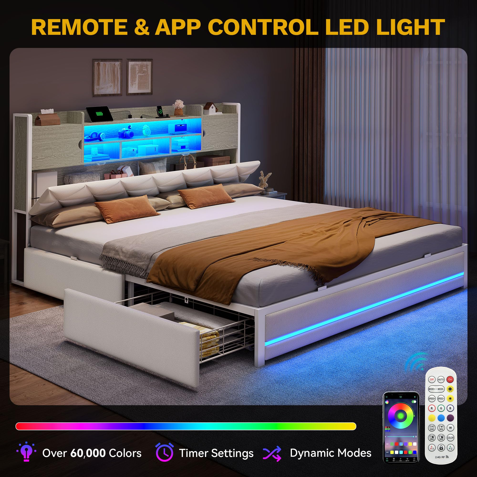 King Size Bed Frame with RGB LED Lights and Storage Headboard