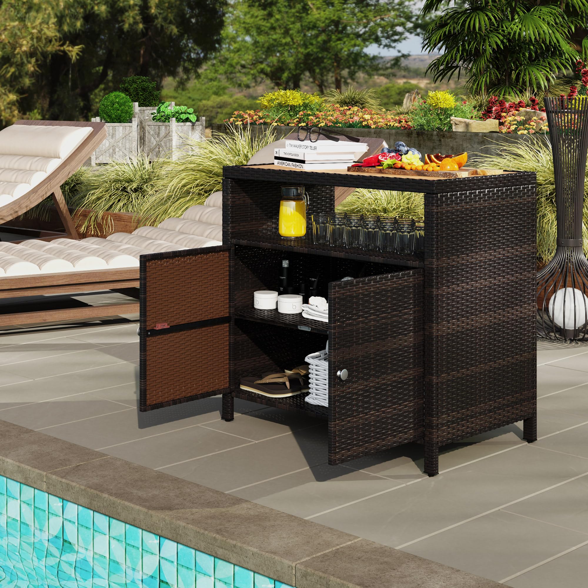 Wicker Outdoor Storage Cabinet with Acacia Wood Countertop