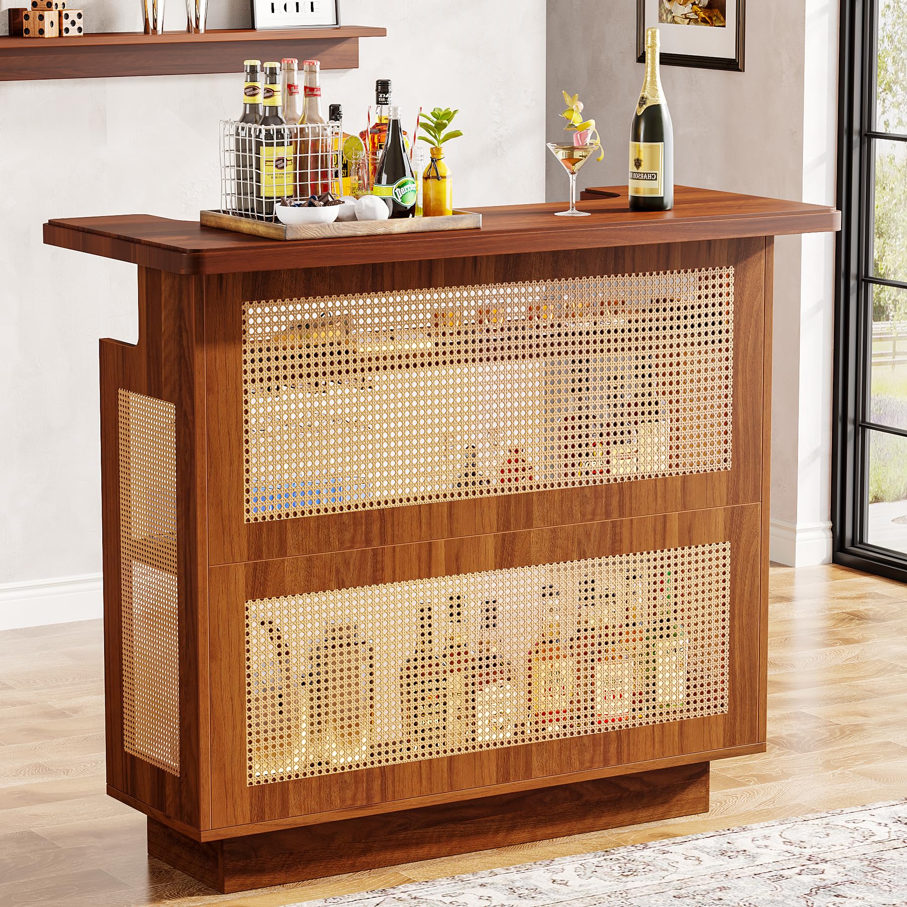 Rattan 4-Tier Bar Table with Stemware Racks