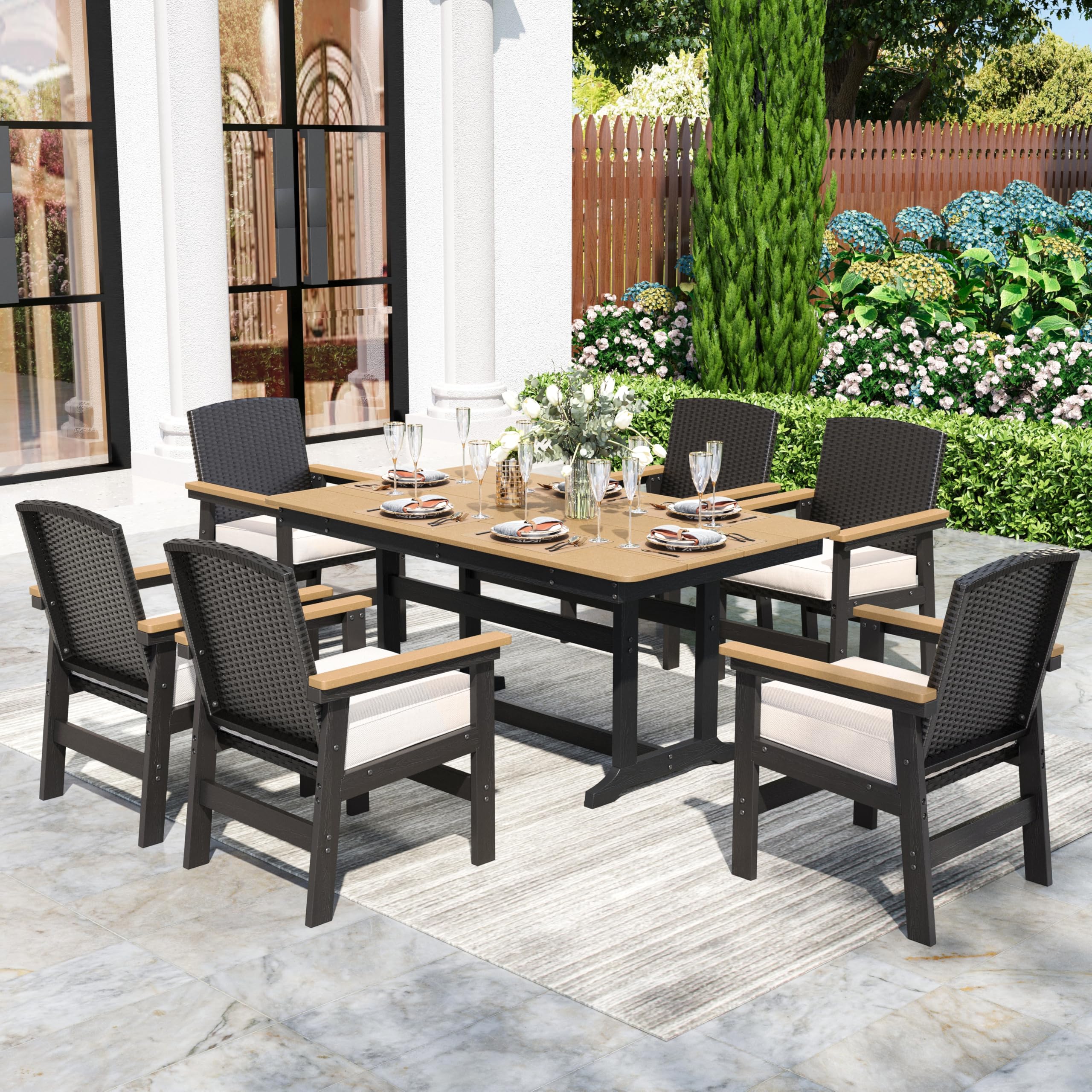 7-Piece HDPE Outdoor Dining Set with Wicker Rattan Chairs