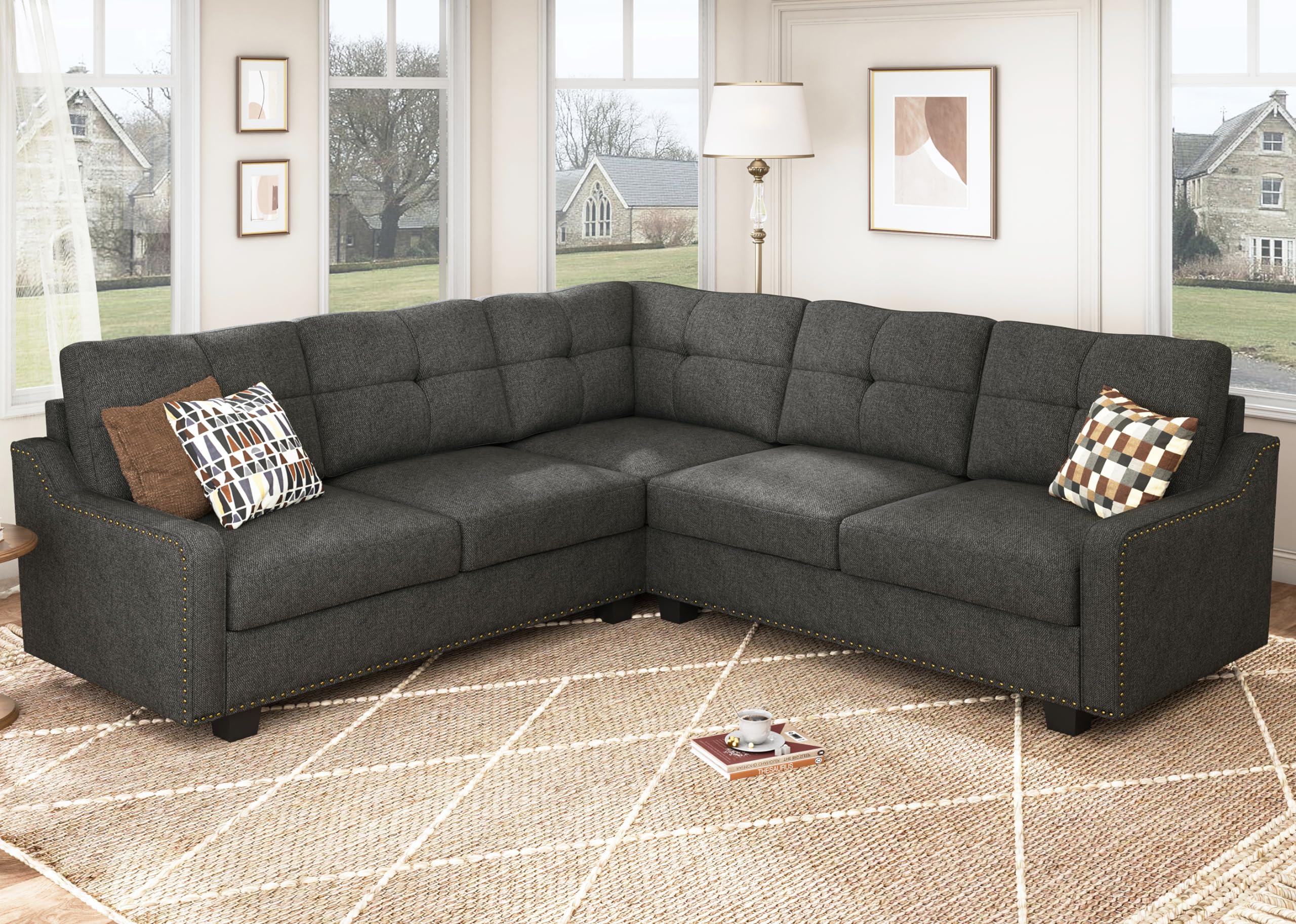 L-Shaped Sectional Sofa with Nailhead Trim
