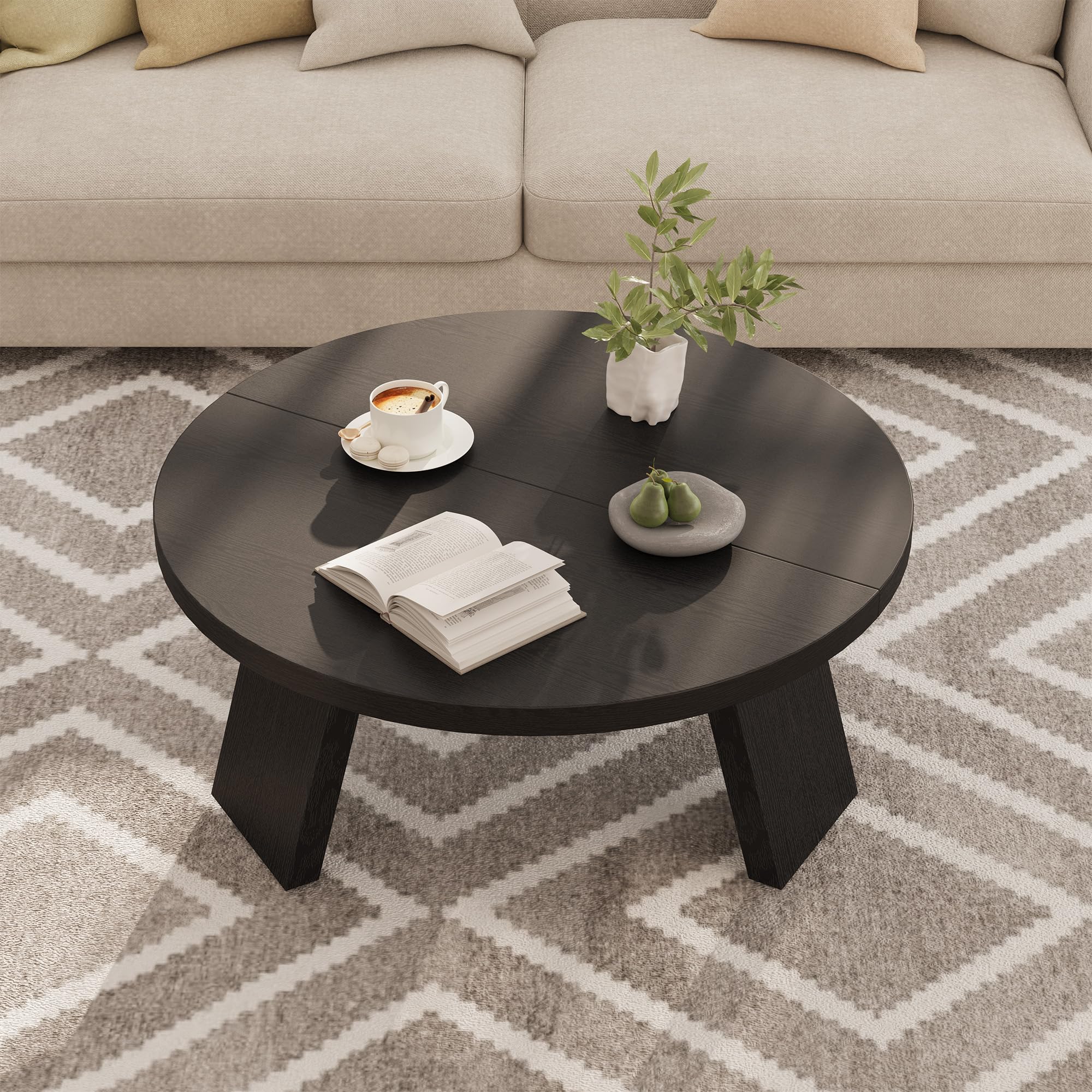 Round Coffee Table with Inclined Legs - Black