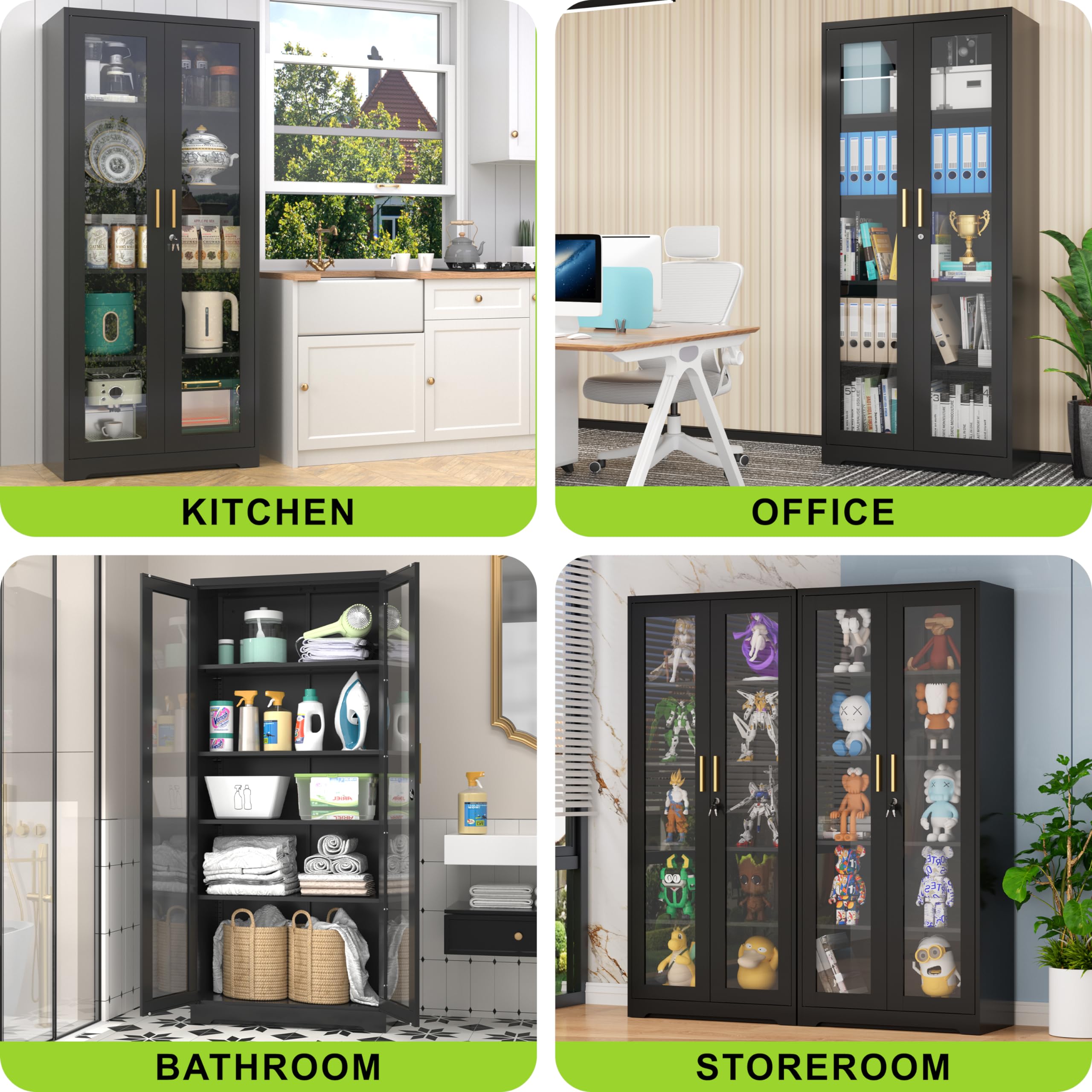 71-Inch Metal Glass Display Cabinet with Locking Doors
