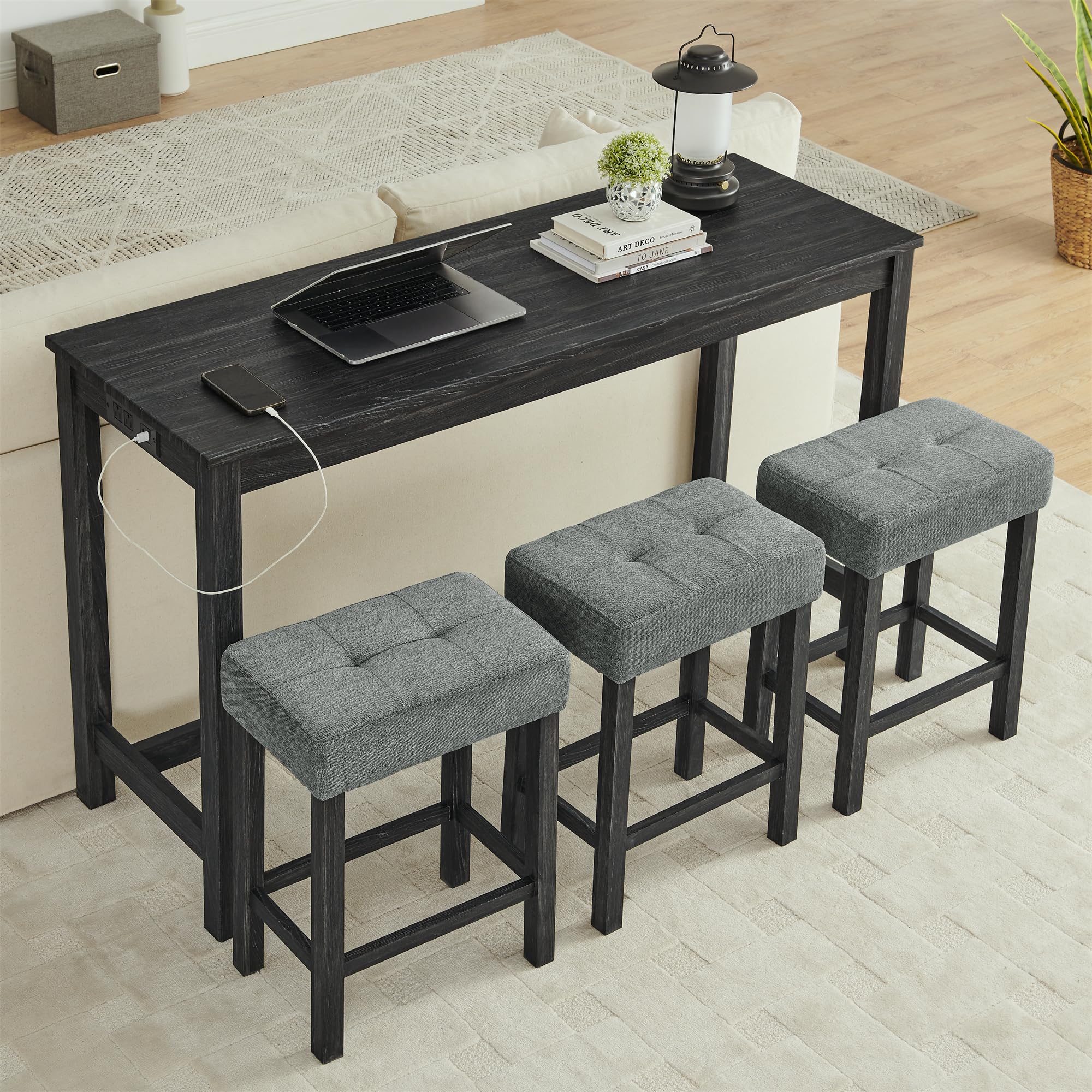 Industrial Counter Height Bar Table Set with Power Outlet