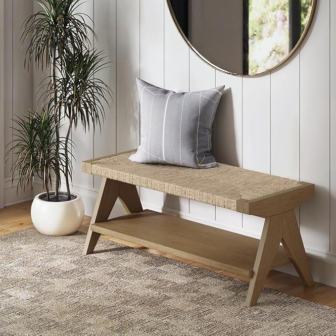 Mid-Century Wooden Bench with Removable Fabric Cushion