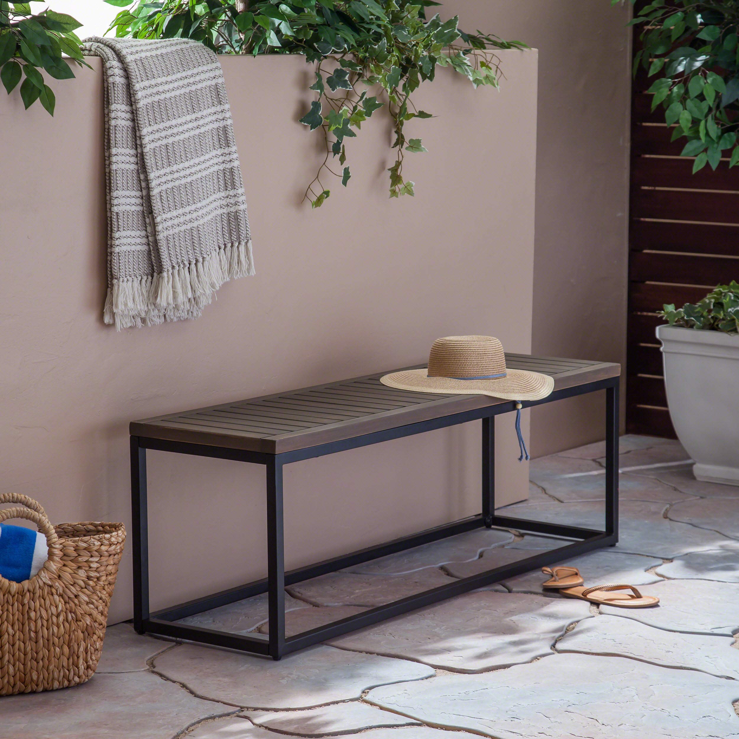 Outdoor Industrial Acacia Wood and Iron Bench